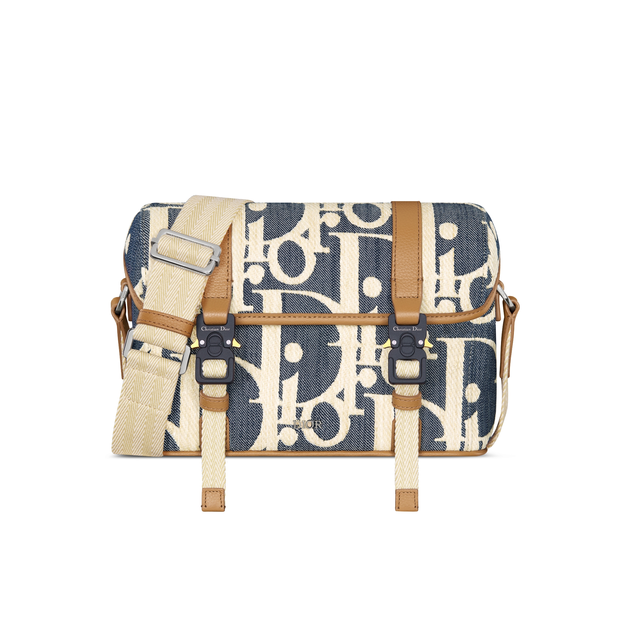 Dior Hit The Road 翻盖信使包 蓝色和米色酒椰草效果 Oblique 印花牛仔面料搭配棕色粒面牛皮革 E01