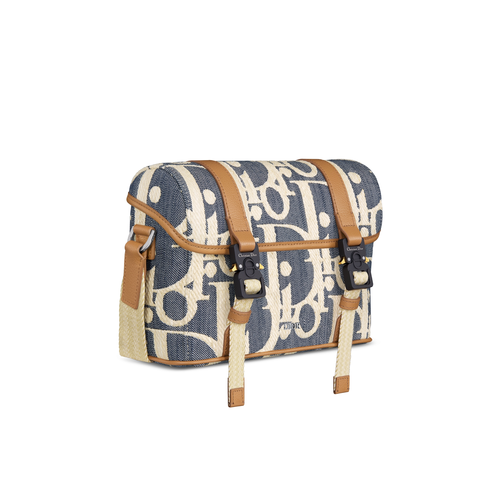 Dior Hit The Road 翻盖信使包 蓝色和米色酒椰草效果 Oblique 印花牛仔面料搭配棕色粒面牛皮革 E03