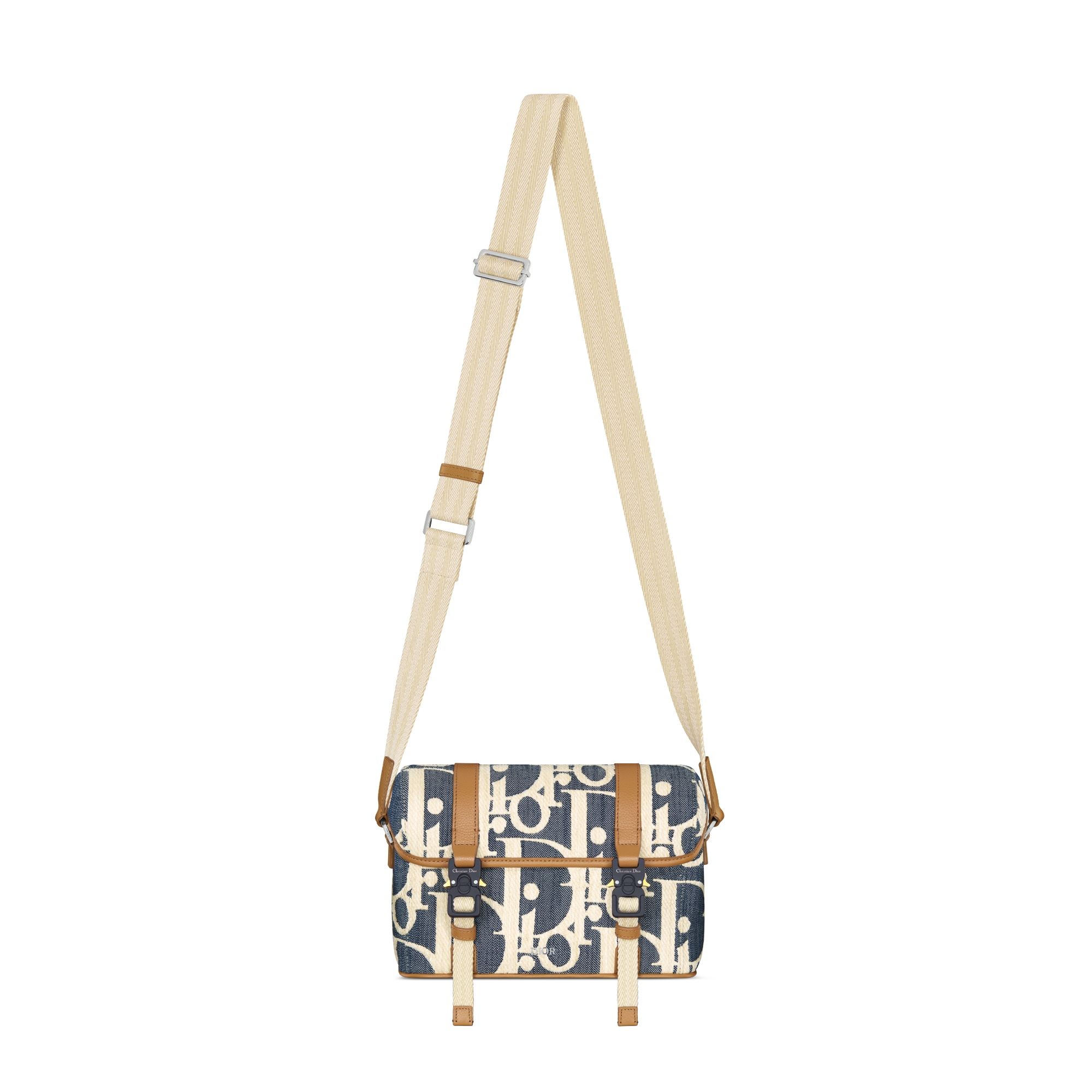 Dior Hit The Road 翻盖信使包 蓝色和米色酒椰草效果 Oblique 印花牛仔面料搭配棕色粒面牛皮革 E07