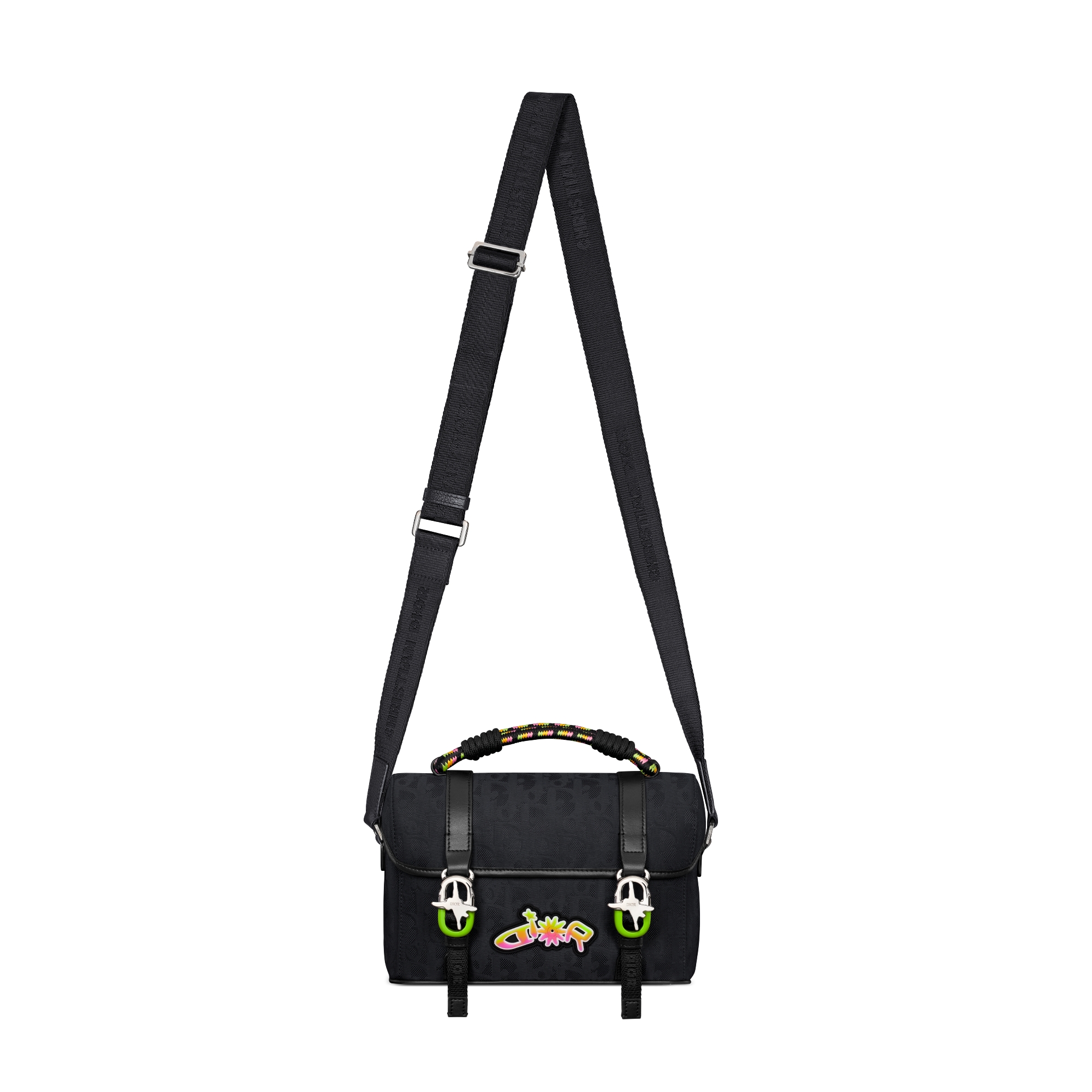 DIOR AND LEWIS HAMILTON Dior Hit The Road 翻盖信使包 黑色 Oblique 印花尼龙和黑色皮革效果科技面料 E07