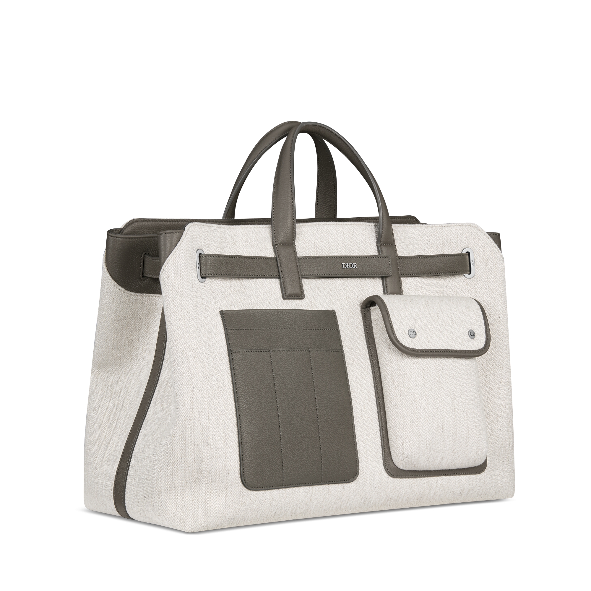 大号 Dior Normandie 手袋 米色棉质帆布人字形图案和灰色 Dior Icons 牛皮革 E03