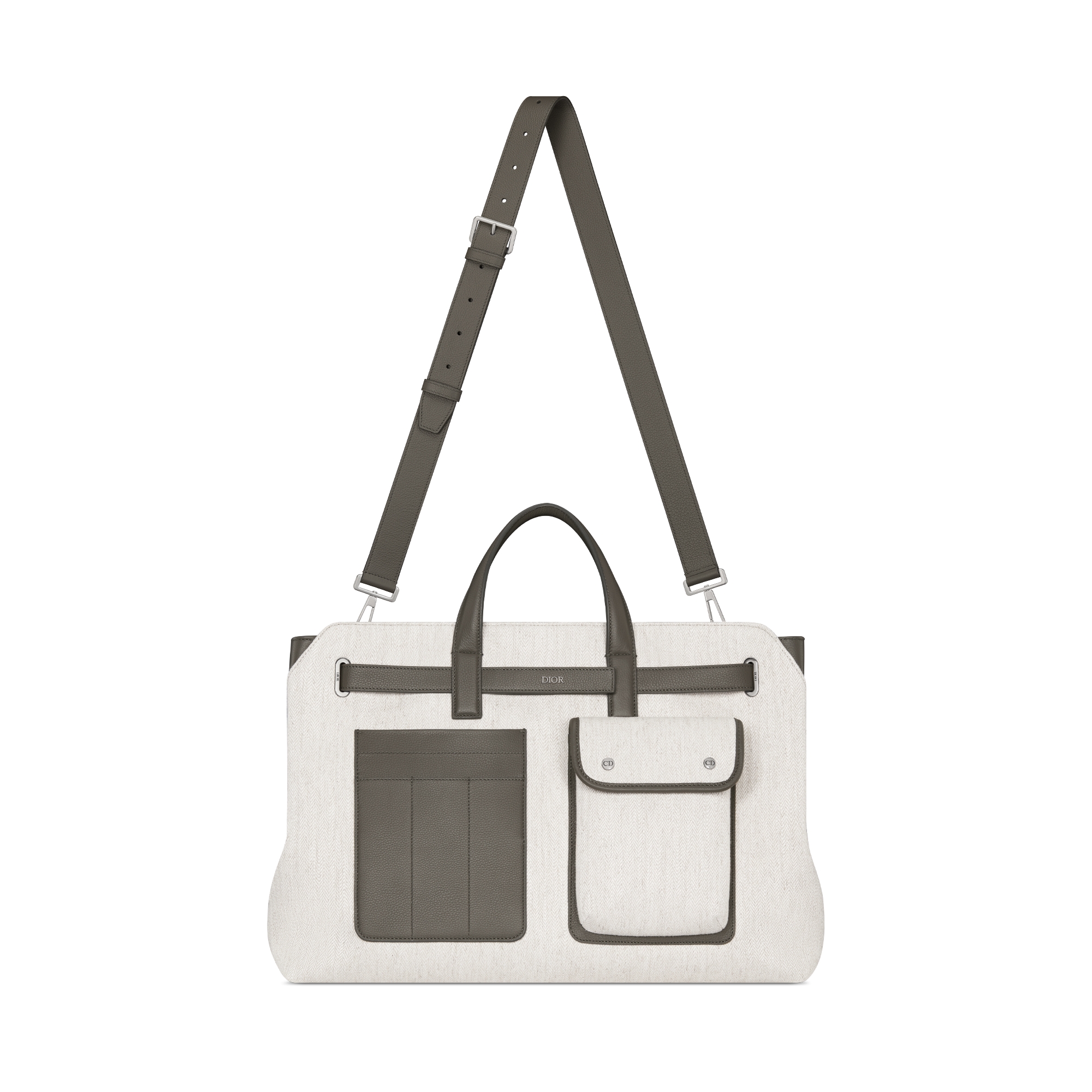 大号 Dior Normandie 手袋 米色棉质帆布人字形图案和灰色 Dior Icons 牛皮革 E07