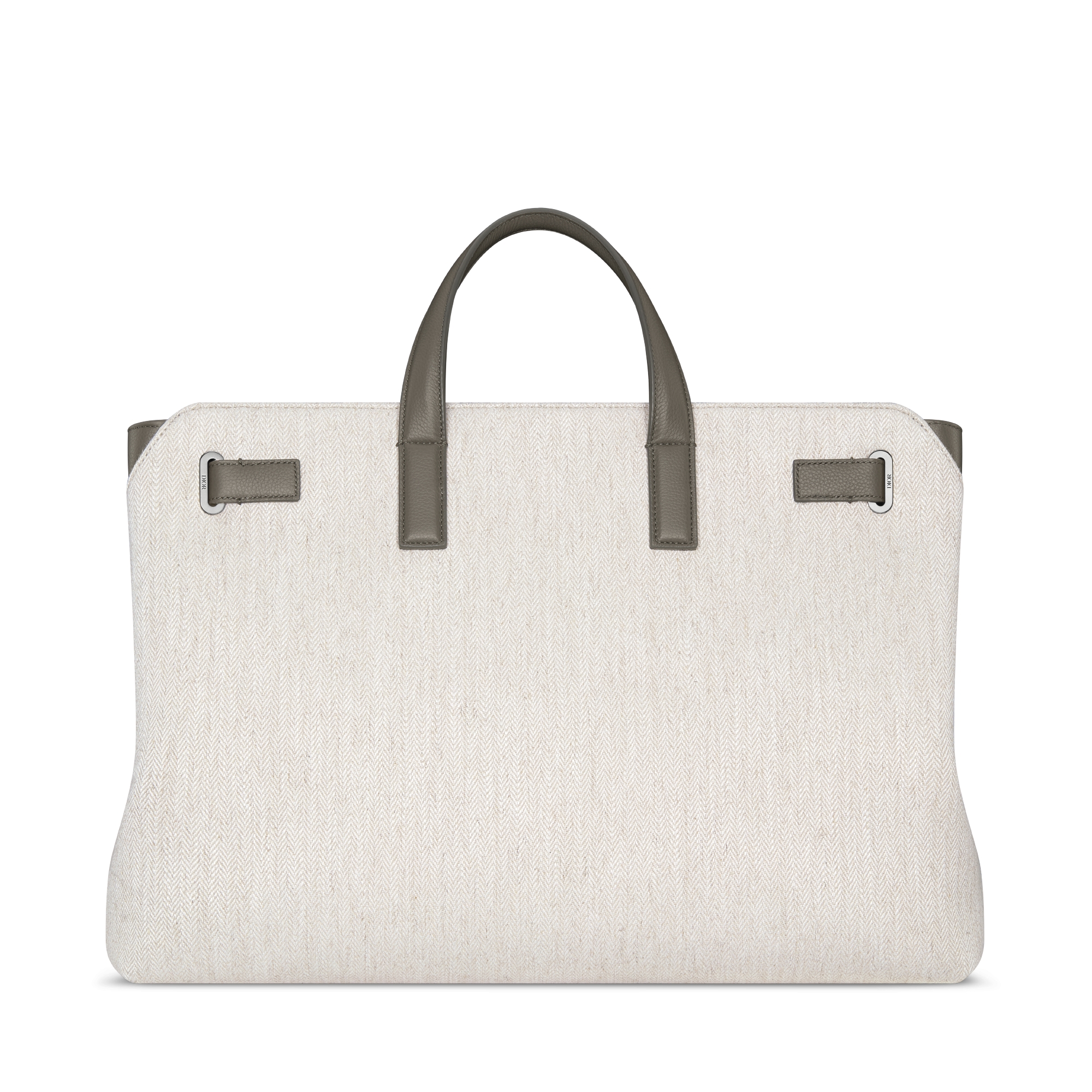 大号 Dior Normandie 手袋 米色棉质帆布人字形图案和灰色 Dior Icons 牛皮革 E08