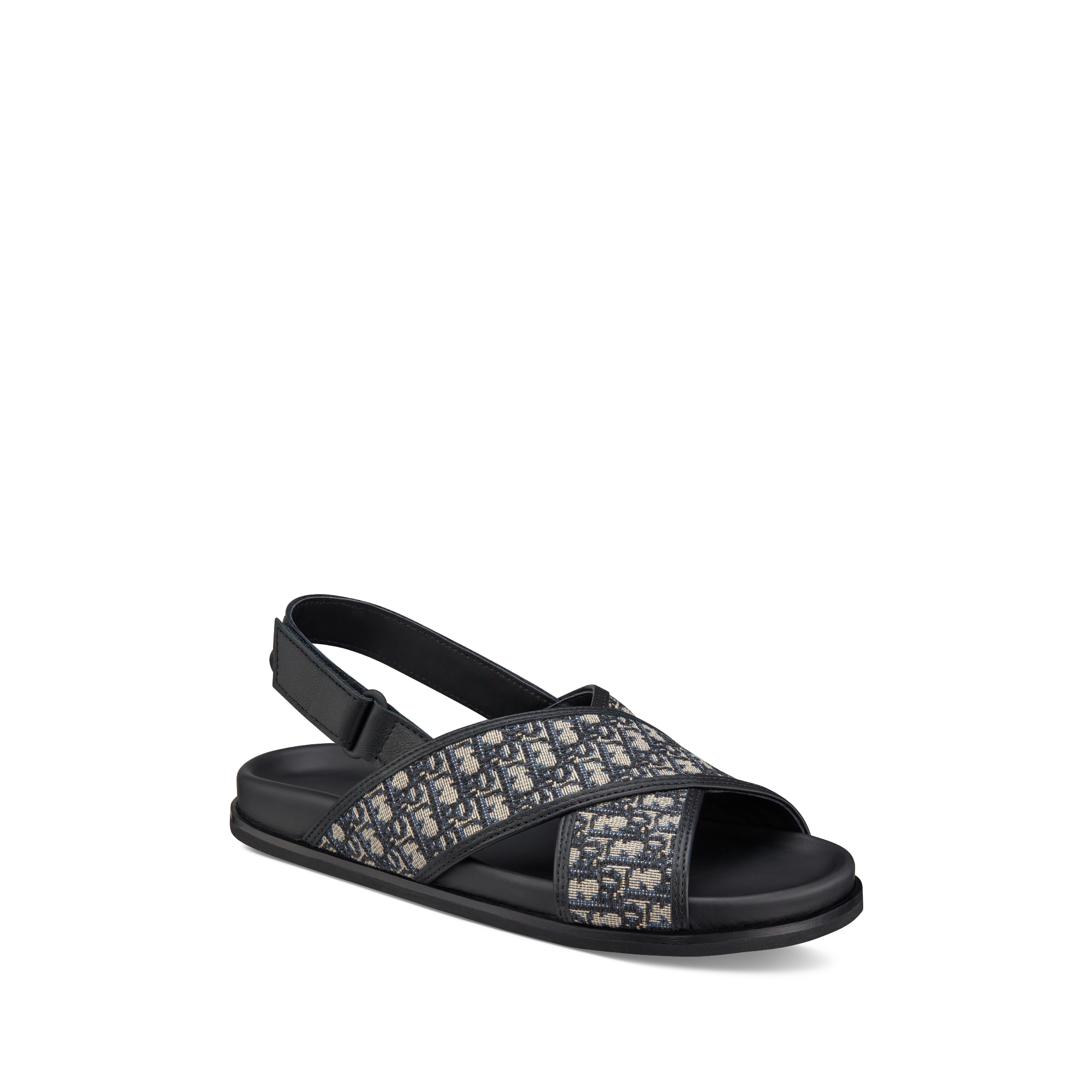 儿童凉鞋 黑色牛皮革和米色和黑色 Oblique 印花面料 E03