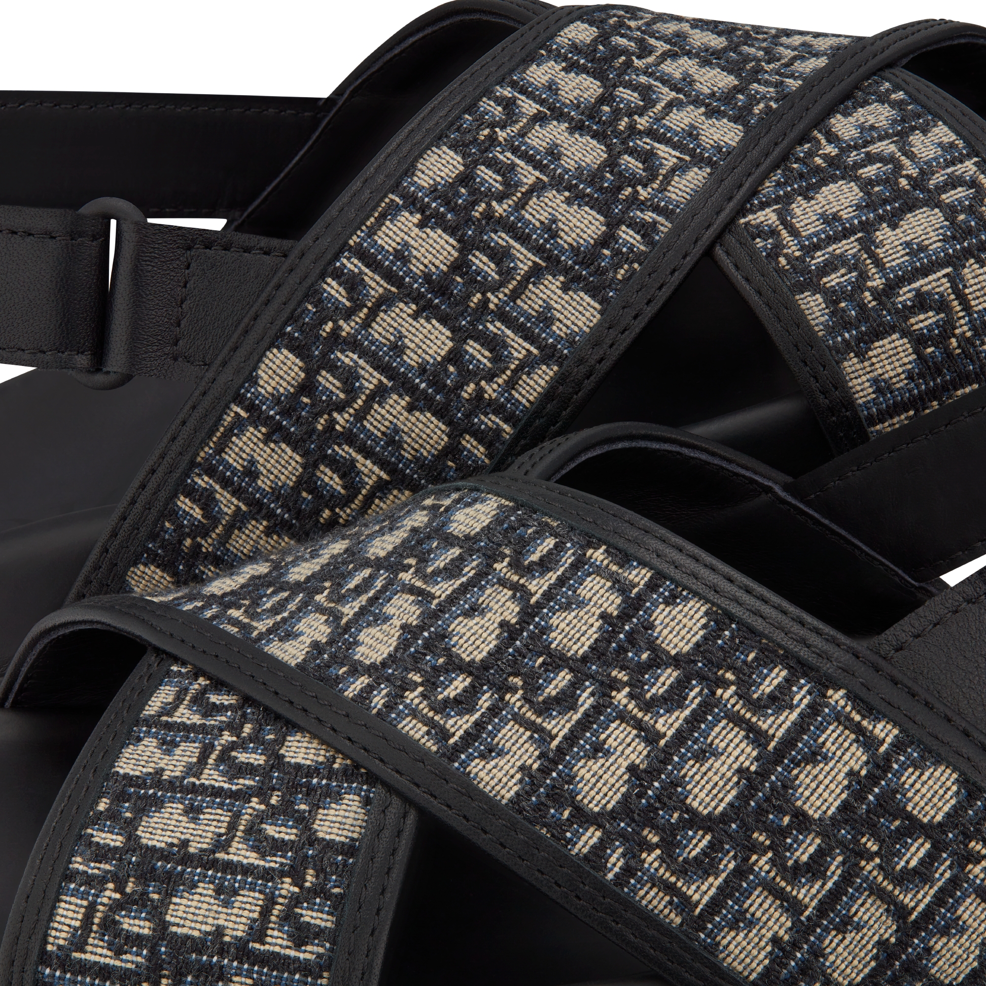 儿童凉鞋 黑色牛皮革和米色和黑色 Oblique 印花面料 E09