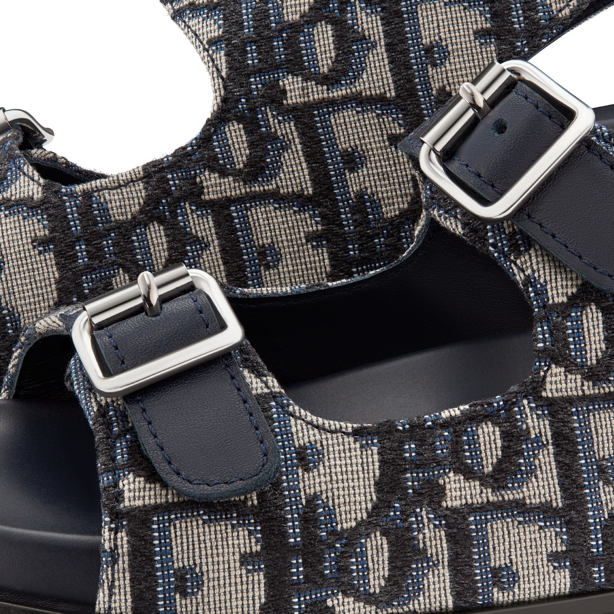 儿童凉鞋 蓝色牛皮革和米色和黑色 Oblique 印花面料 E09