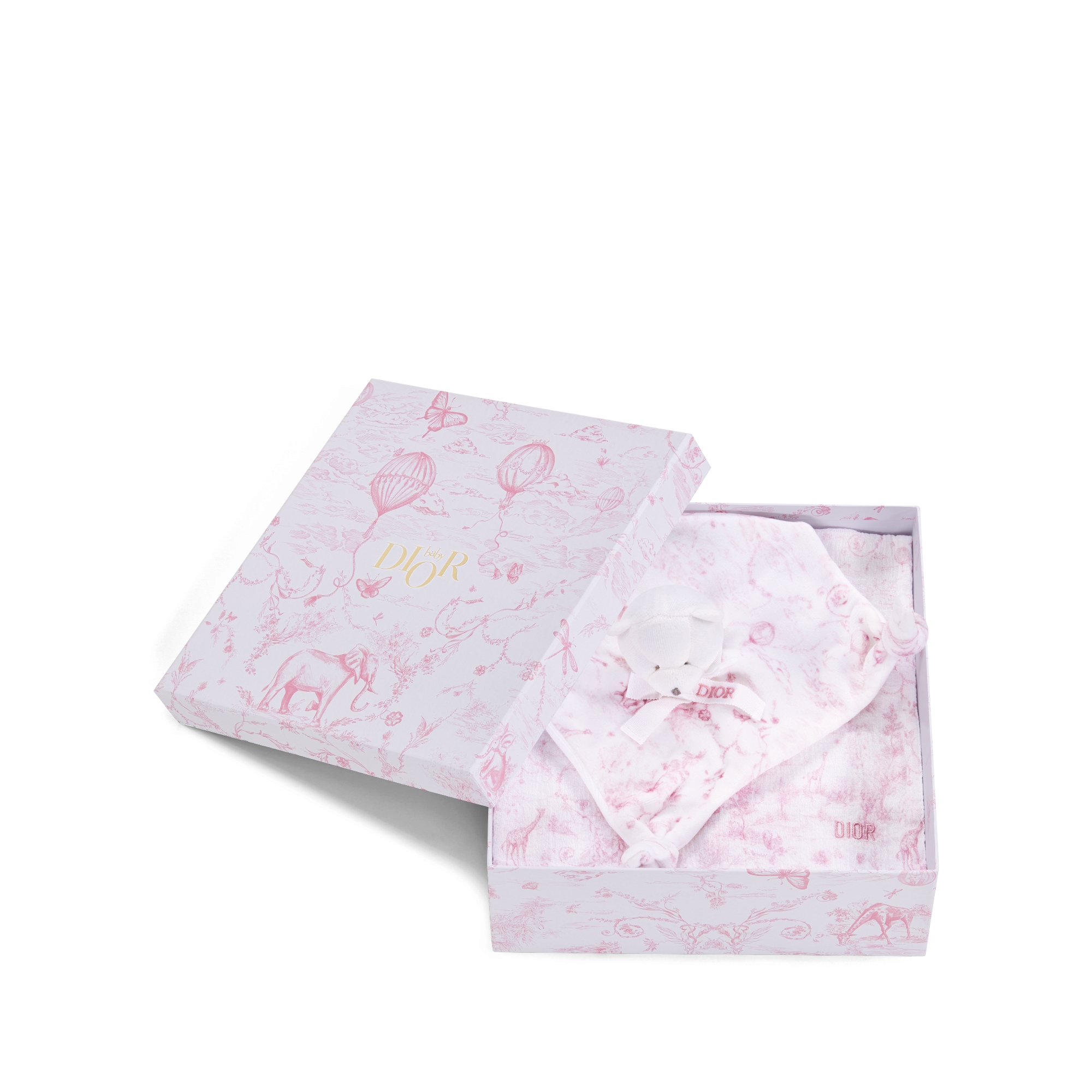 新生儿礼品套装 白色棉质混纺面料、双面布和天鹅绒搭配淡粉色茹伊印花 E10