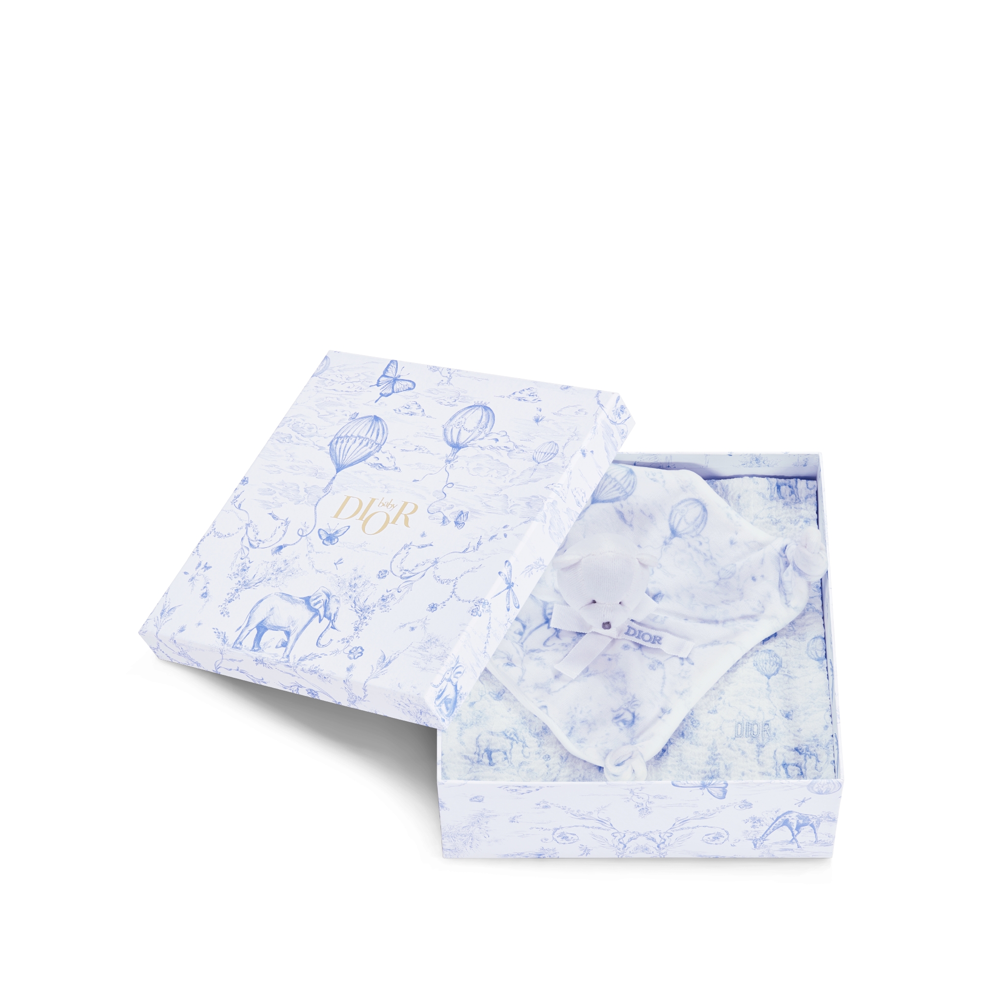 新生儿礼品套装 白色棉质混纺面料、双面布和天鹅绒搭配淡蓝色茹伊印花 E10