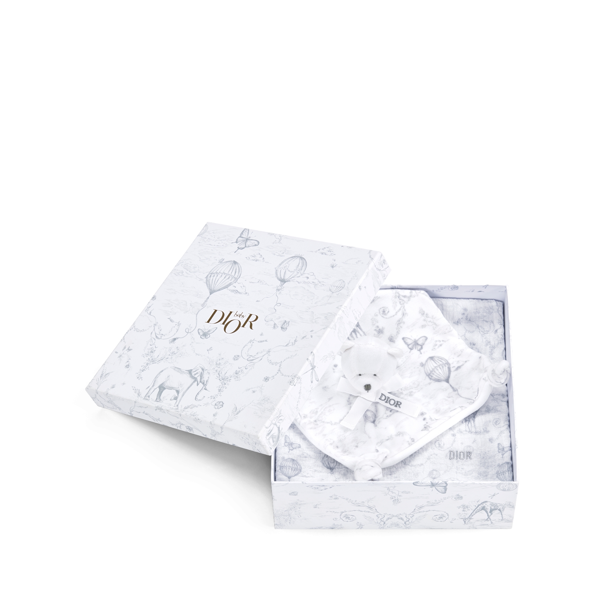 新生儿礼品套装 白色棉质混纺面料、双面布和天鹅绒搭配灰色茹伊印花 E10