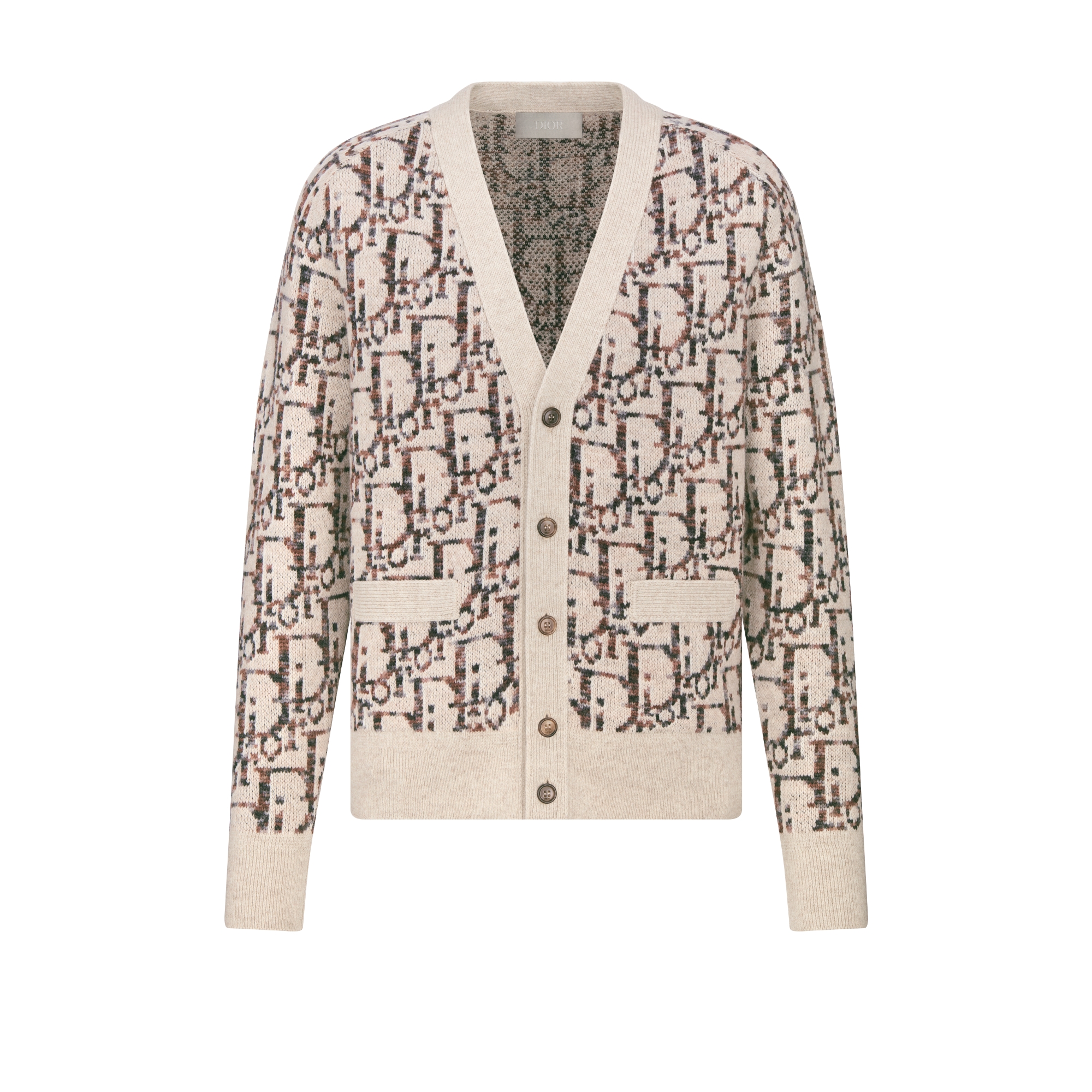 开衫 米色和棕色绵羊毛提花面料 Oblique 印花图案 E01