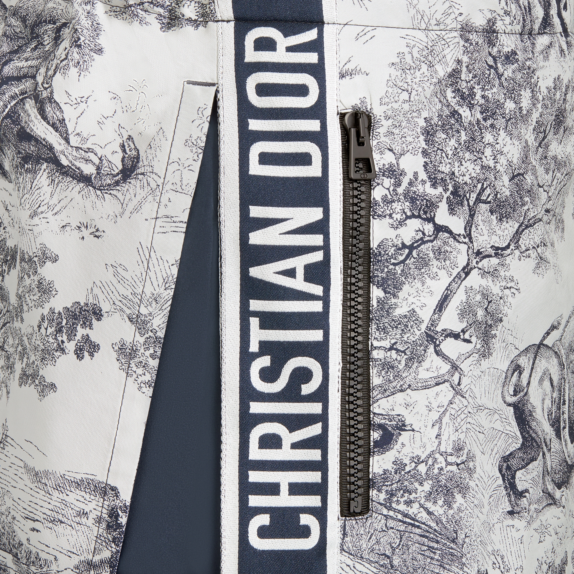 Dioriviera 裙裤 白色和蓝色塔夫绸科技提花面料 Sauvage 茹伊印花图案 E09