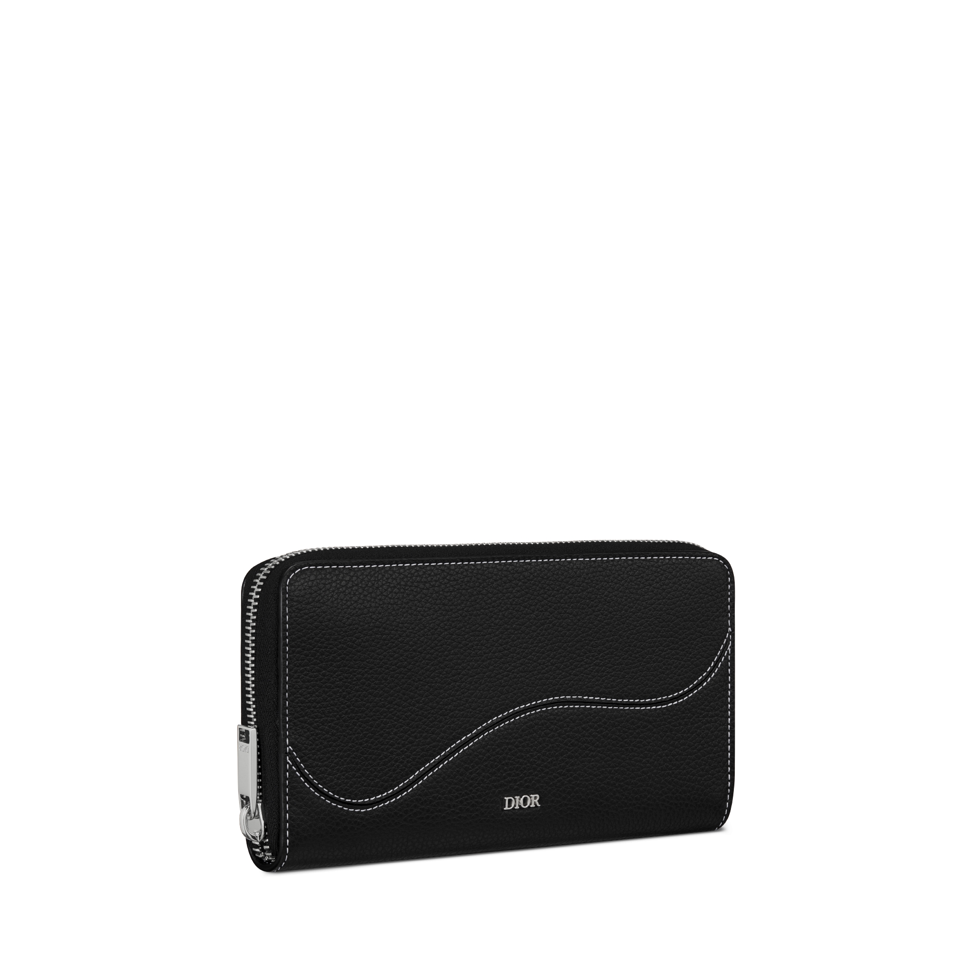 马鞍长款拉链式钱包 黑色细工镶嵌粒面牛皮革 E03