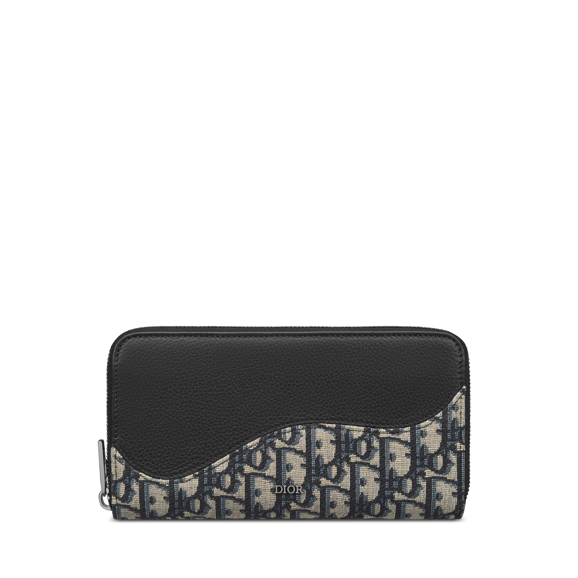 马鞍长款拉链式钱包 黑色细工镶嵌粒面牛皮革搭配米色和黑色 Oblique 印花面料 E01