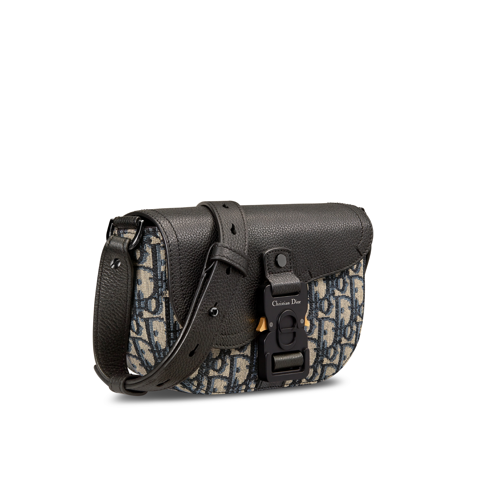 迷你马鞍信使包 米色和黑色 Oblique 印花面料和黑色粒面牛皮革搭配翻盖 E03