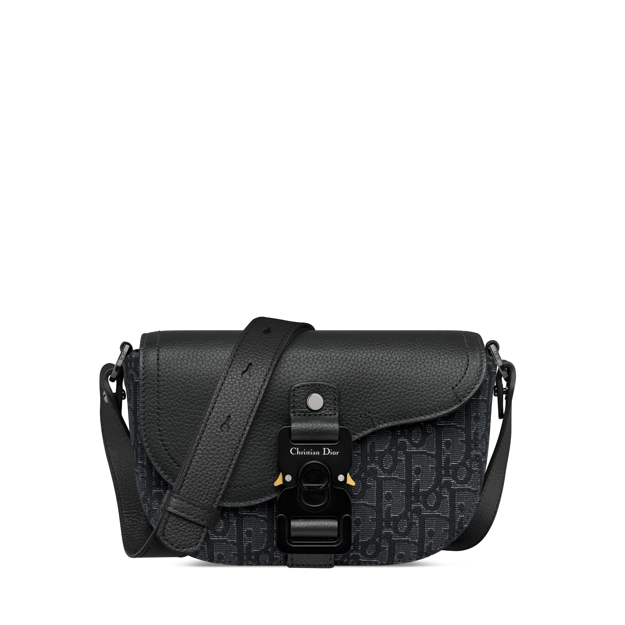 迷你马鞍翻盖信使包 银色调金属光泽 Oblique 印花面料和黑色粒面牛皮革 E01