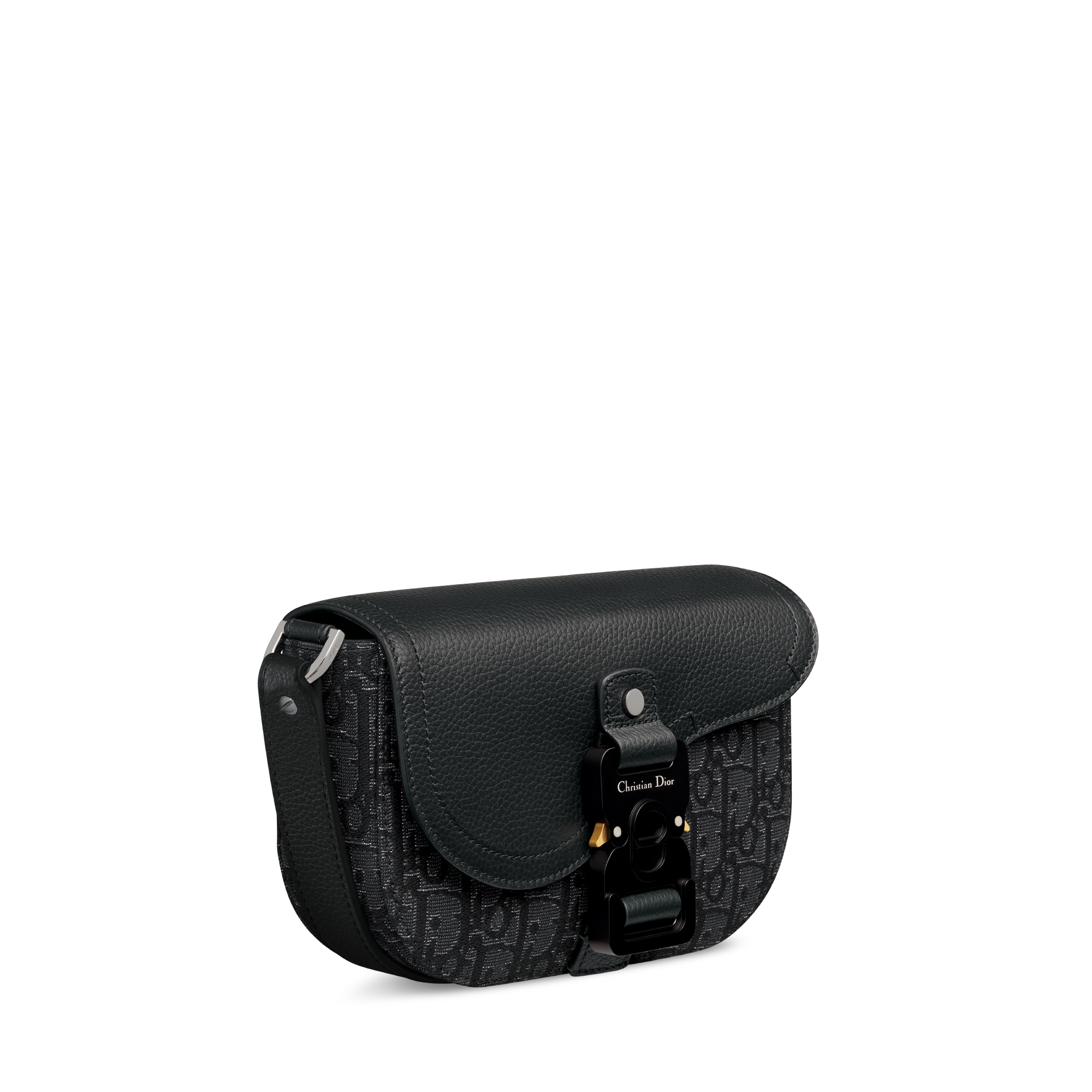 迷你马鞍翻盖信使包 银色调金属光泽 Oblique 印花面料和黑色粒面牛皮革 E03