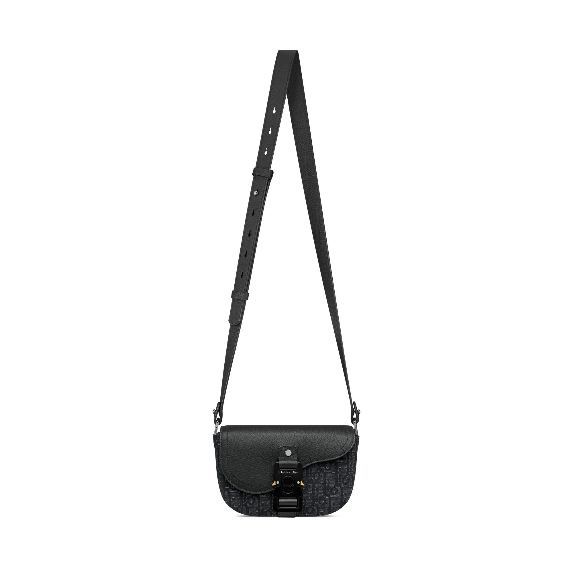 迷你马鞍翻盖信使包 银色调金属光泽 Oblique 印花面料和黑色粒面牛皮革 E07