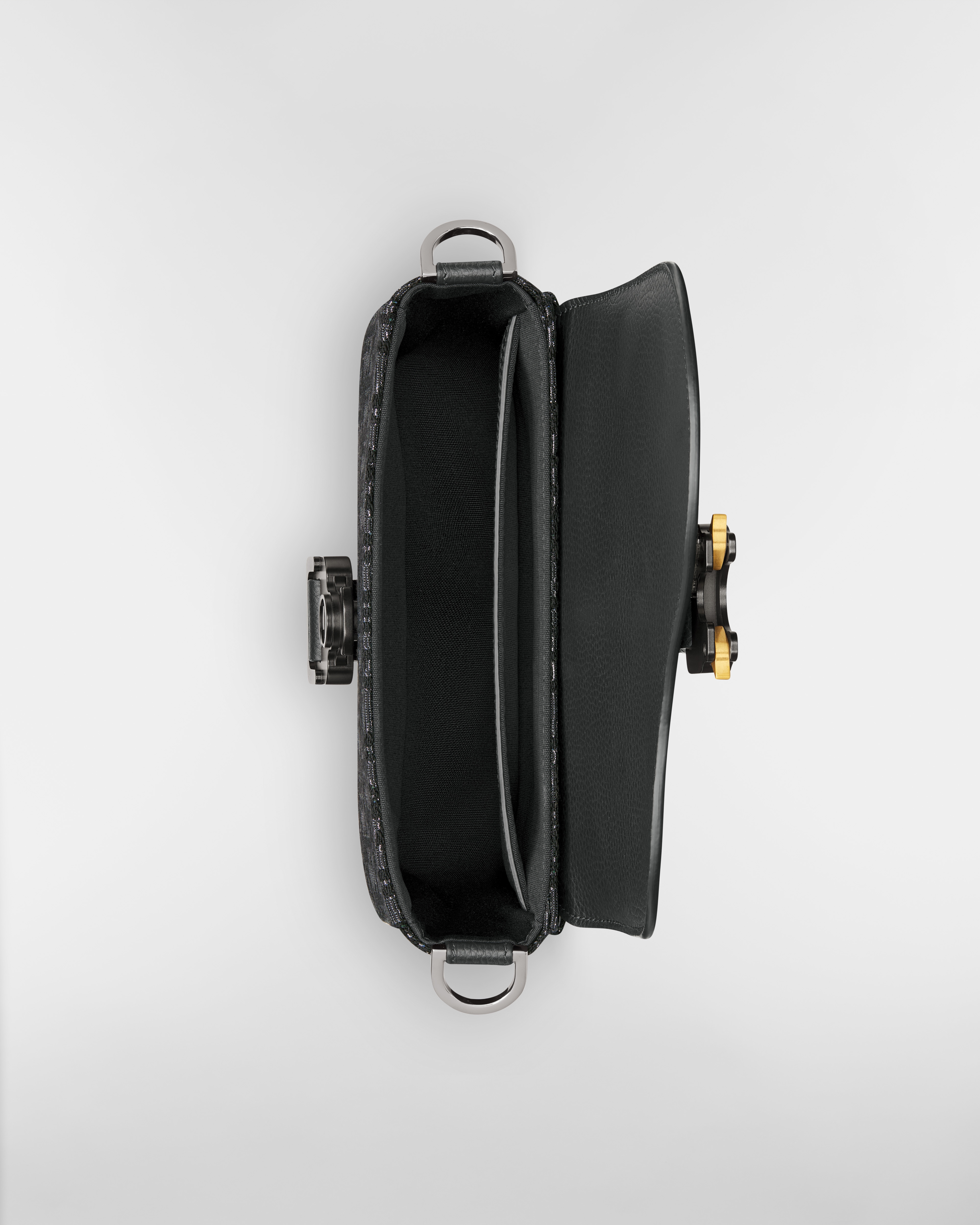 迷你马鞍翻盖信使包 黑色提花面料银色调金属光泽 Oblique 印花和黑色粒面牛皮革 E06