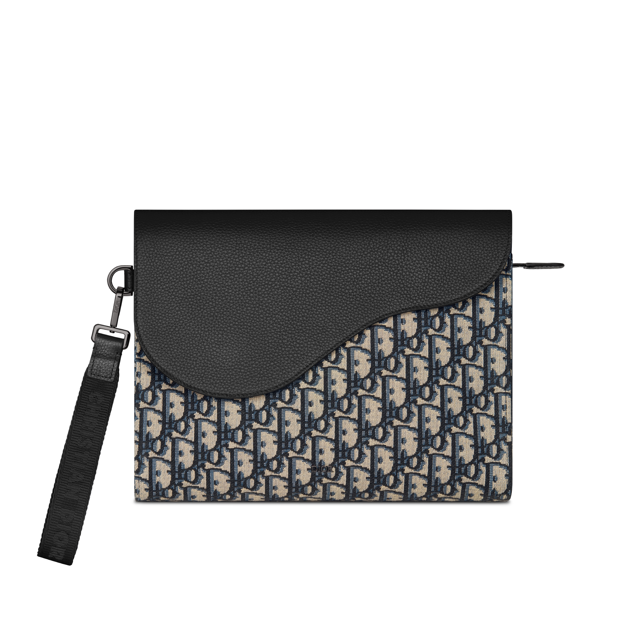 马鞍 A5 三角手拿包 米色和黑色 Oblique 印花面料搭配黑色粒面牛皮革 E01