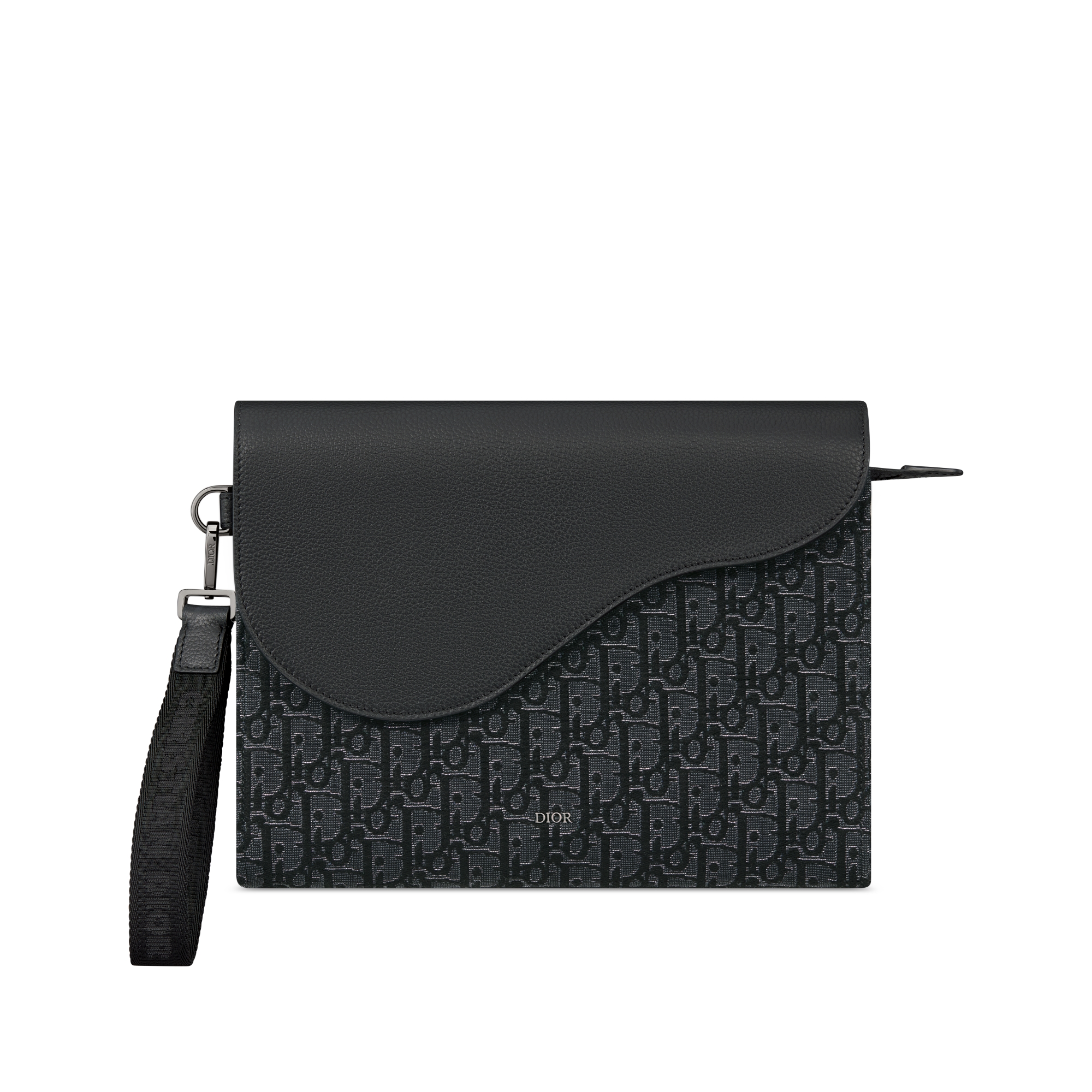 马鞍 A5 三角手拿包 银色调金属光泽 Oblique 印花面料和黑色粒面牛皮革 E01