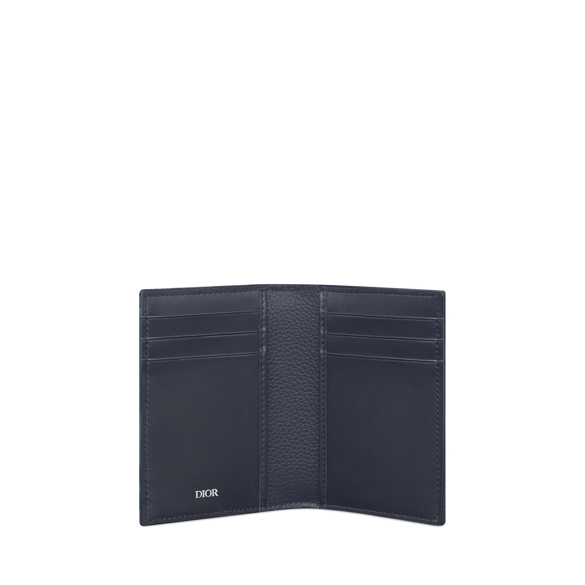 马鞍双折卡夹 深蓝色粒面牛皮革和深蓝色 Oblique Trio 印花面料细工镶嵌 E07