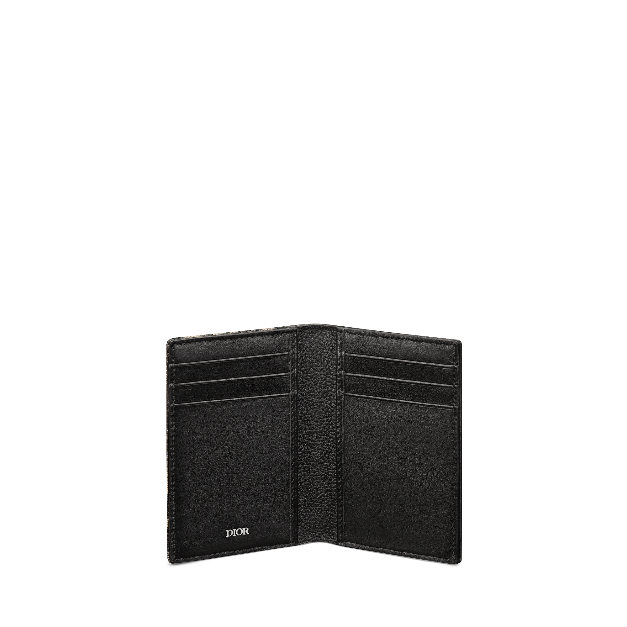 马鞍竖版双折卡夹 黑色细工镶嵌粒面牛皮革搭配米色和黑色 Oblique 印花面料 E07