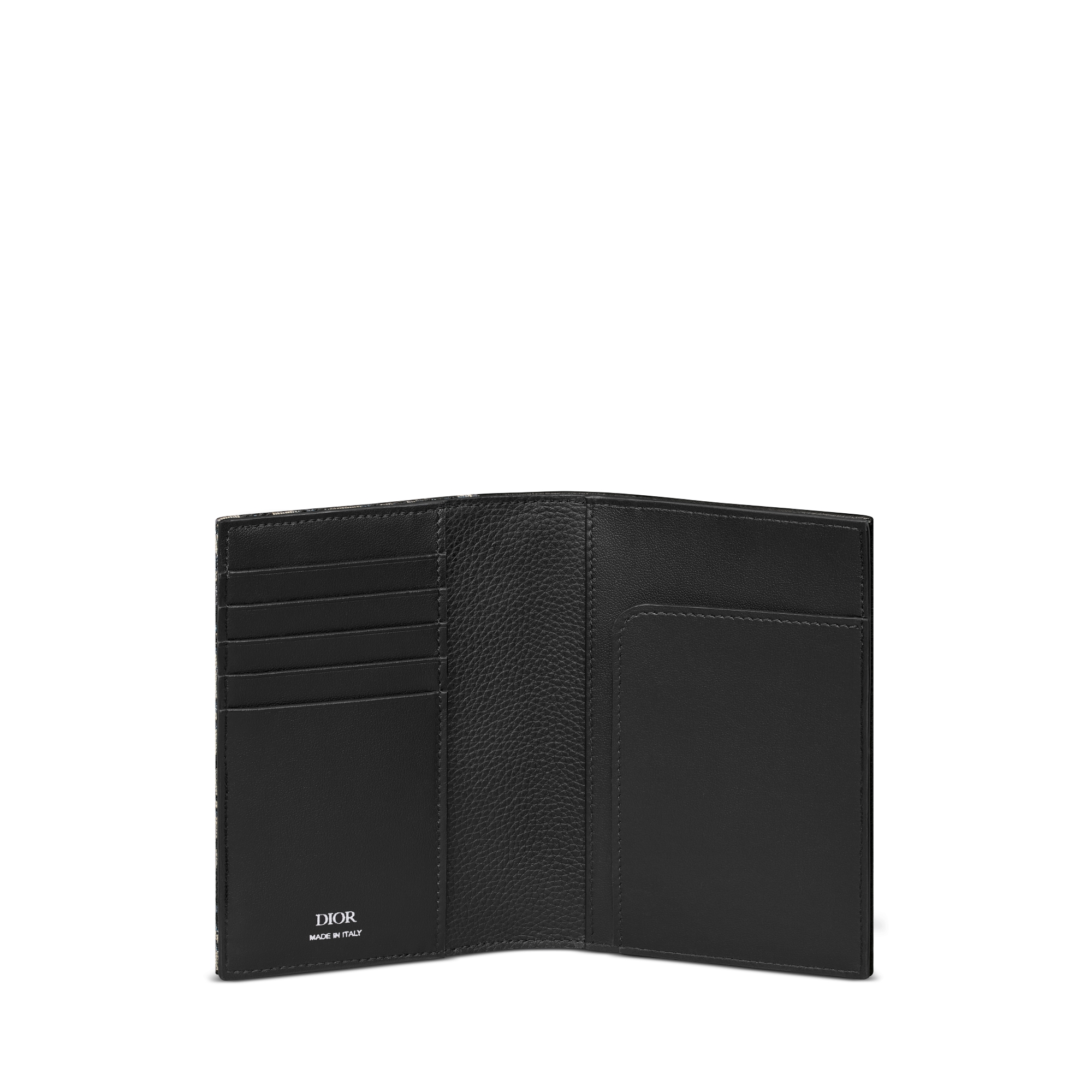 马鞍护照套 黑色细工镶嵌粒面牛皮革搭配米色和黑色 Oblique 印花面料 E07