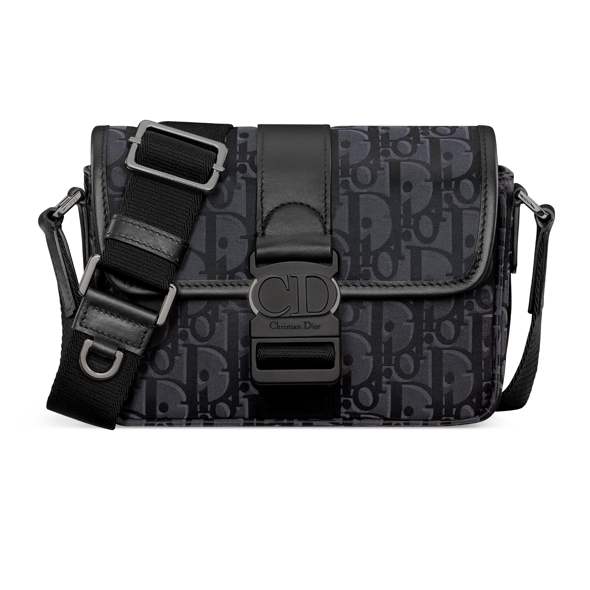 迷你 Dior Trek 翻盖信使包 黑色 Oblique 印花尼龙 E01