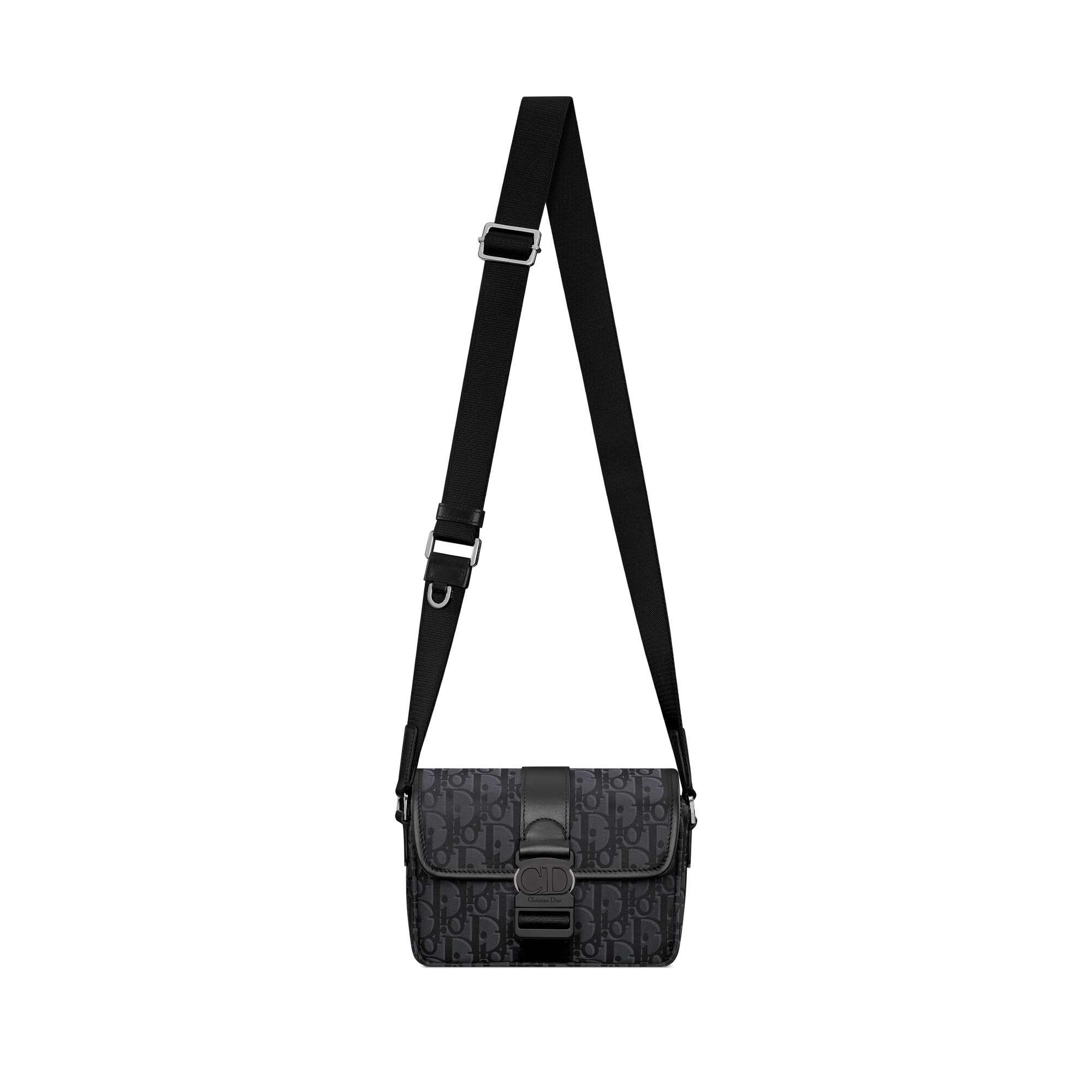 迷你 Dior Trek 翻盖信使包 黑色 Oblique 印花尼龙 E07