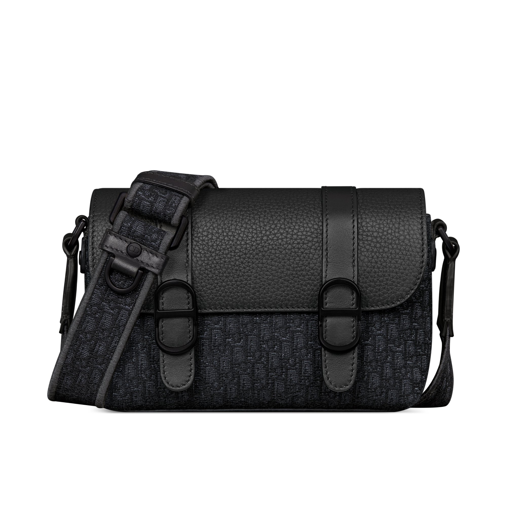 迷你 Dior Daily 翻盖信使包 黑色超迷你 Oblique 印花面料、黑色柔软粒面牛皮革和黑色粒面牛皮革 E01