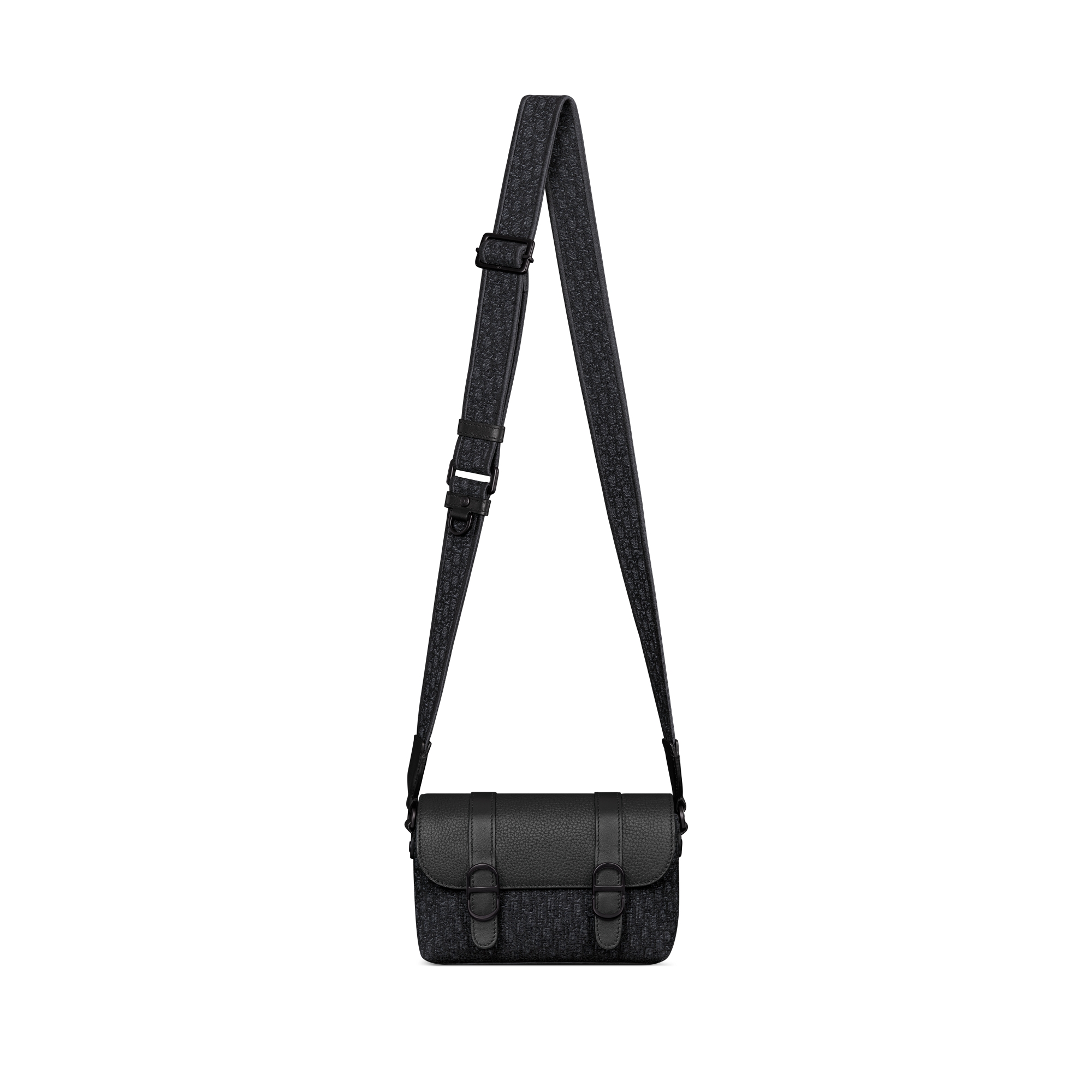 迷你 Dior Daily 翻盖信使包 黑色超迷你 Oblique 印花面料、黑色柔软粒面牛皮革和黑色粒面牛皮革 E07