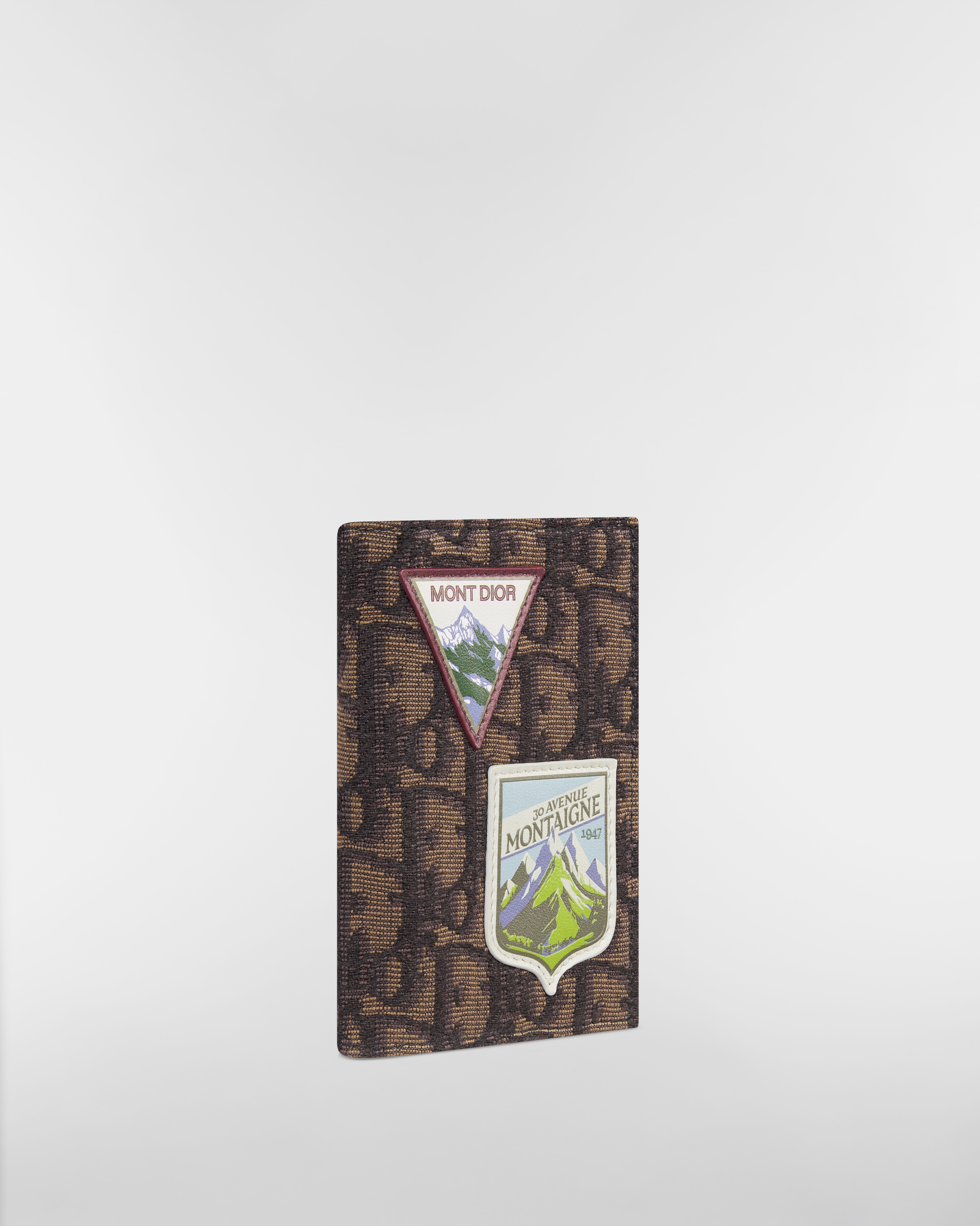 竖版双折卡夹 棕色 Oblique 印花面料和多色 Dior Mountain 图案补丁 E03