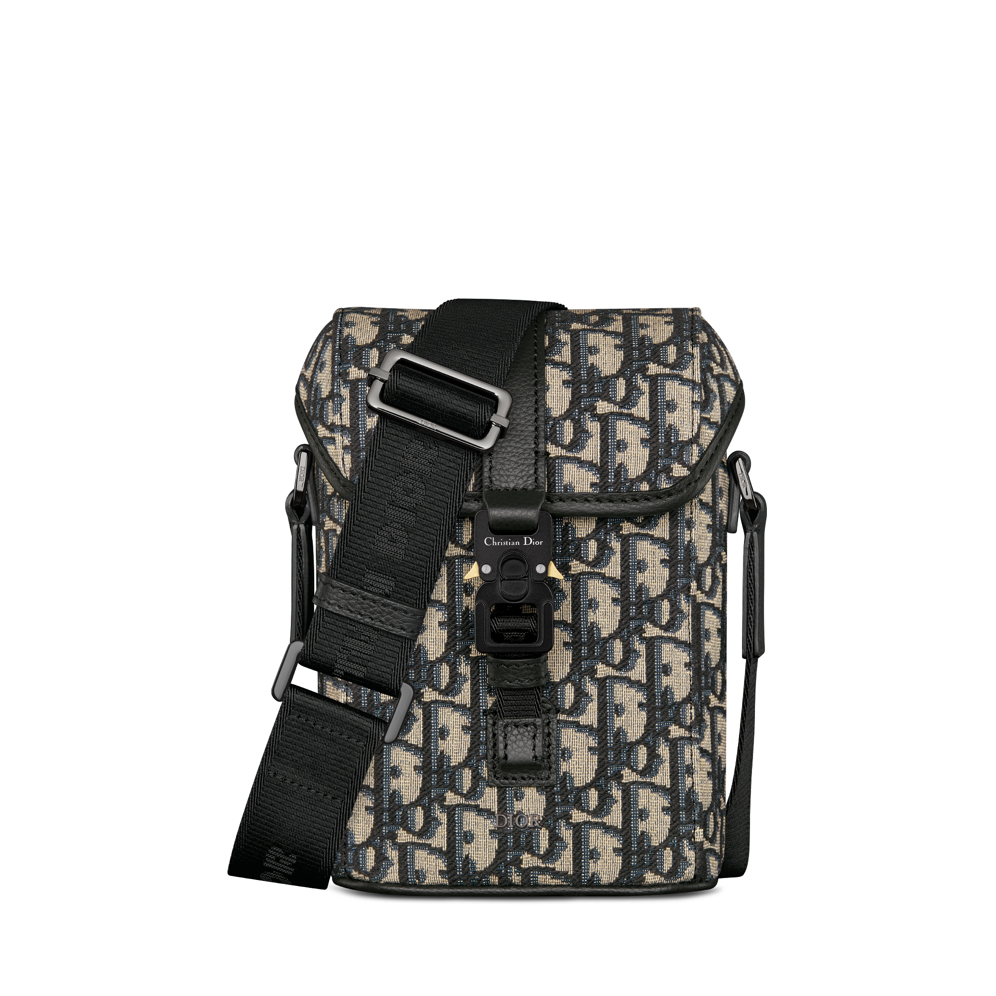 迷你 Dior Hit The Road 竖版翻盖信使包 米色和黑色 Oblique 印花面料搭配黑色粒面牛皮革 E01