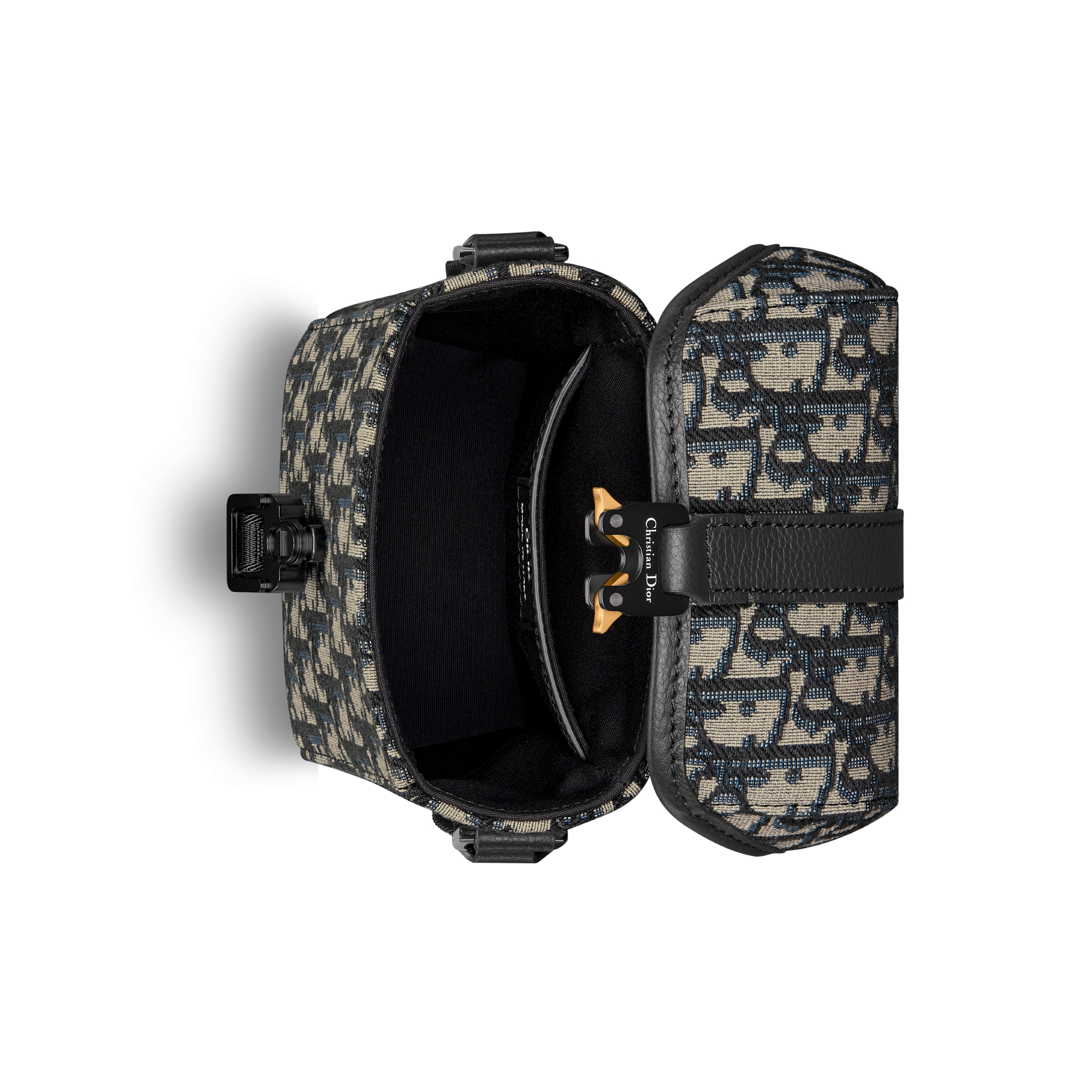 迷你 Dior Hit The Road 竖版翻盖信使包 米色和黑色 Oblique 印花面料搭配黑色粒面牛皮革 E06