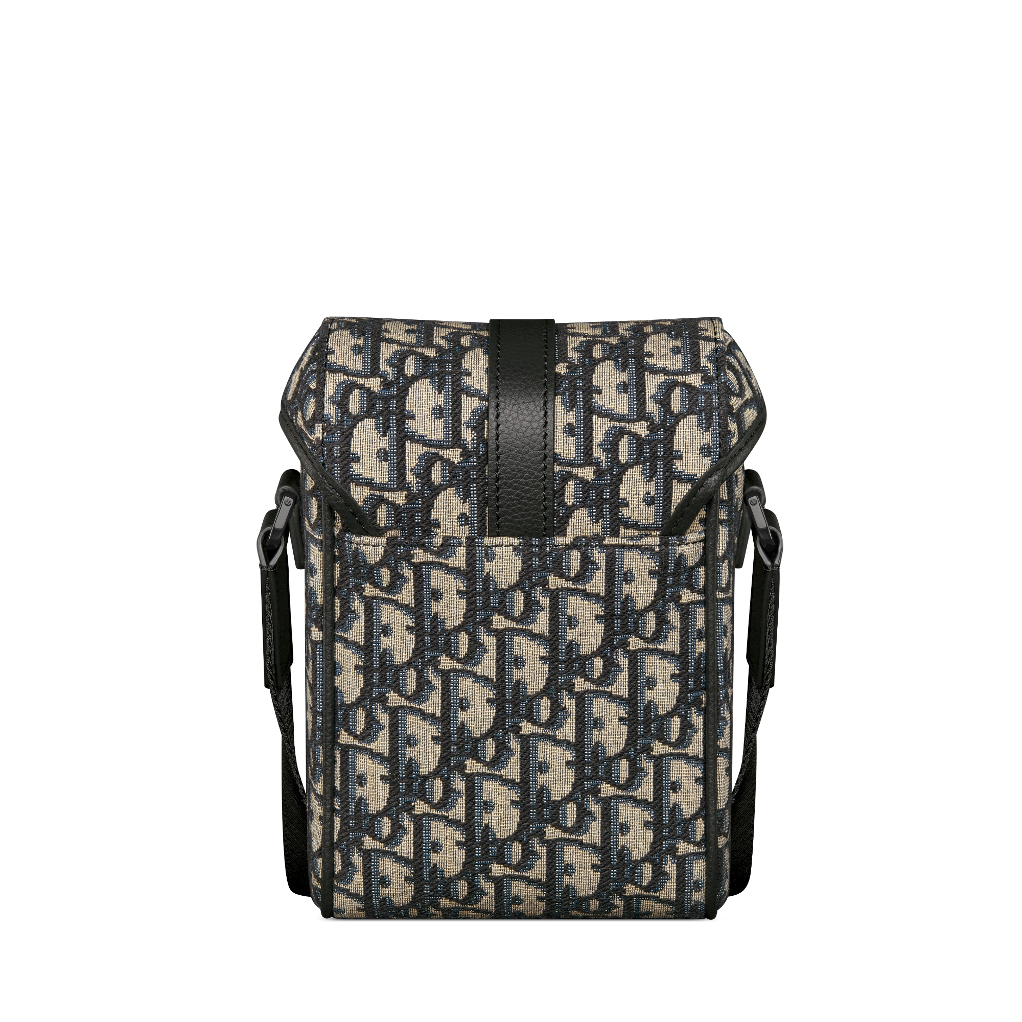 迷你 Dior Hit The Road 竖版翻盖信使包 米色和黑色 Oblique 印花面料搭配黑色粒面牛皮革 E08