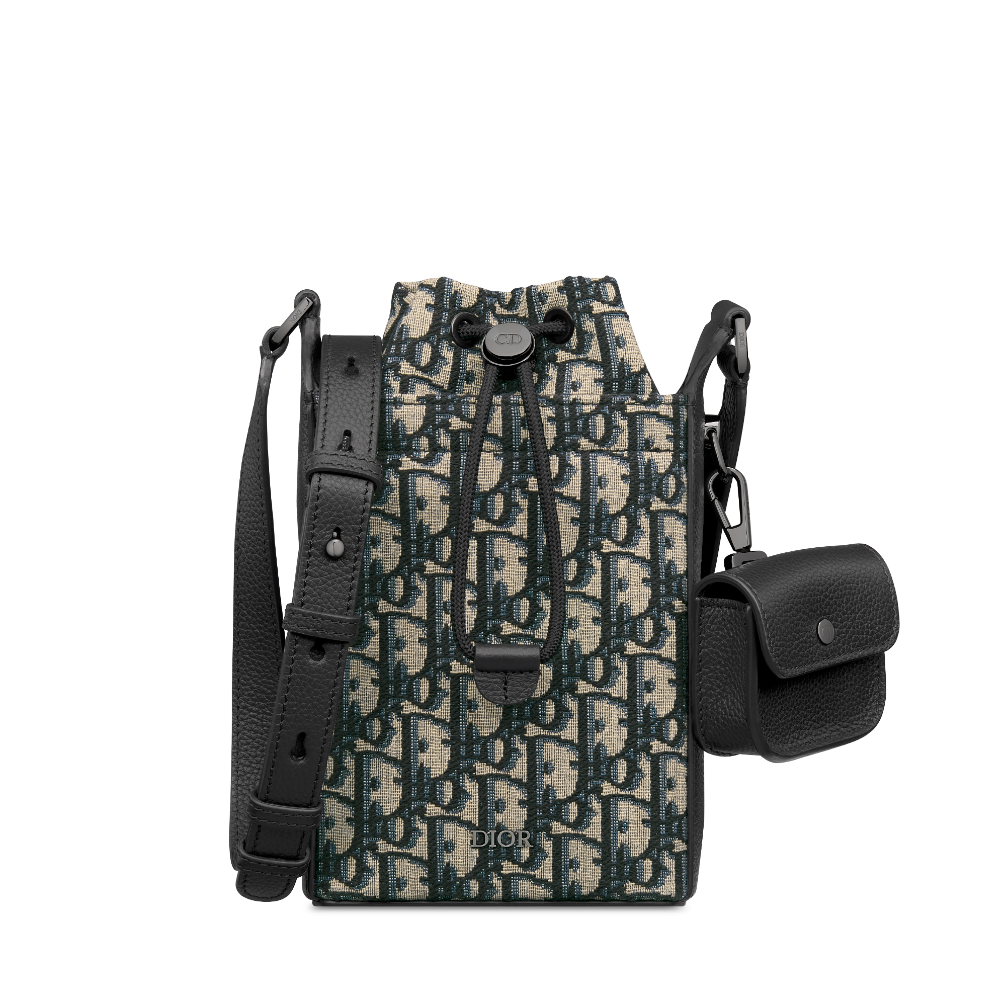 迷你水桶包 米色和黑色 Oblique 印花面料搭配黑色粒面牛皮革 E01