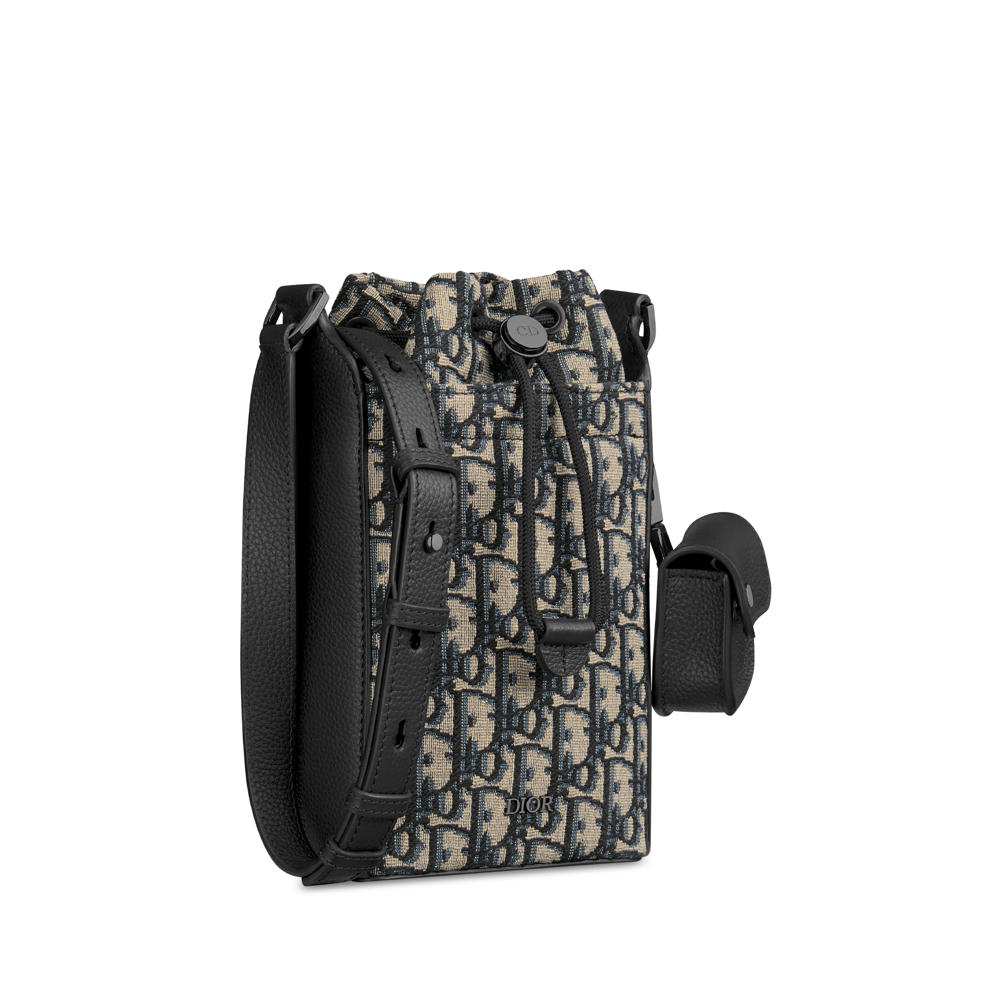 迷你水桶包 米色和黑色 Oblique 印花面料搭配黑色粒面牛皮革 E03