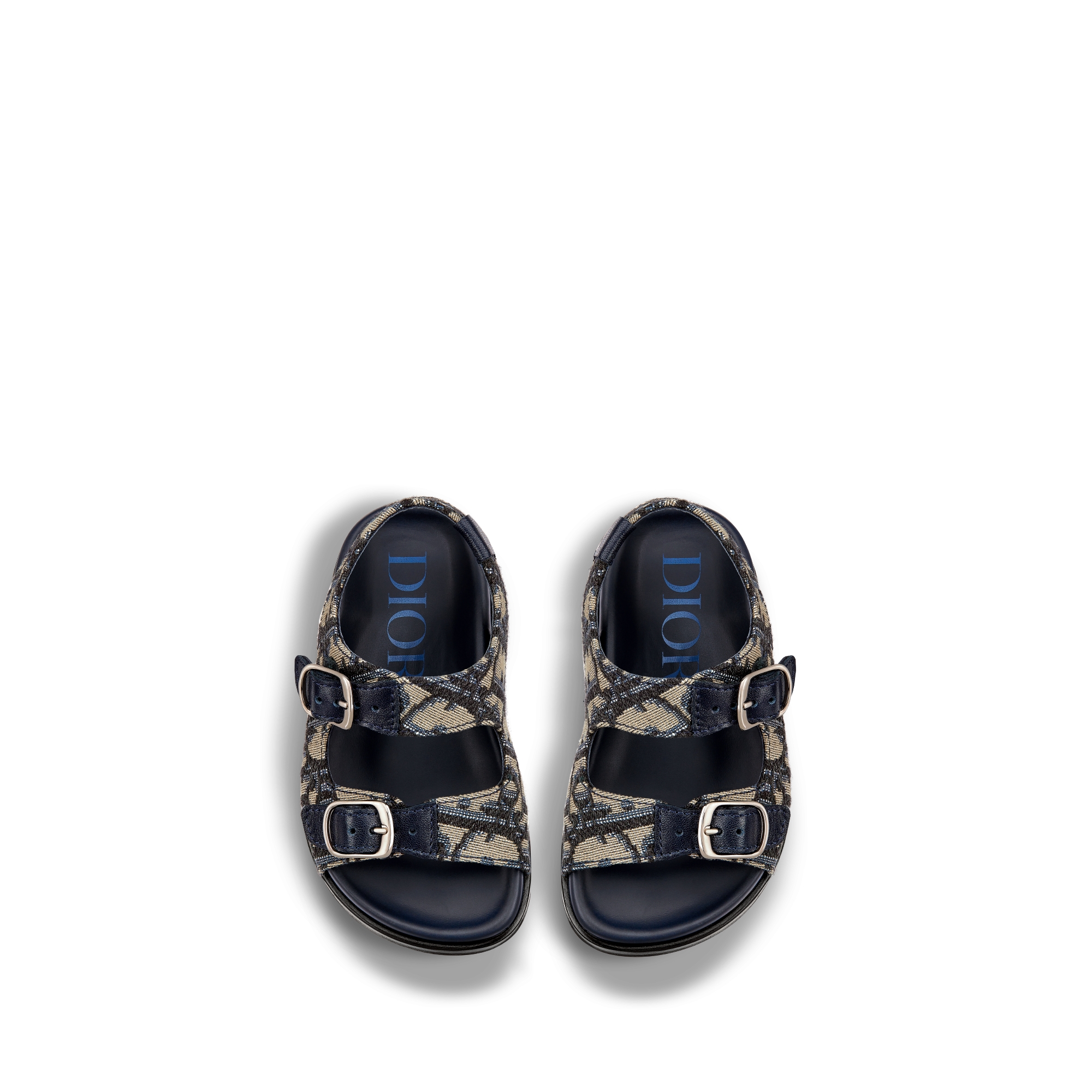 婴幼儿凉鞋 蓝色牛皮革和米色和黑色 Oblique 印花面料 E06