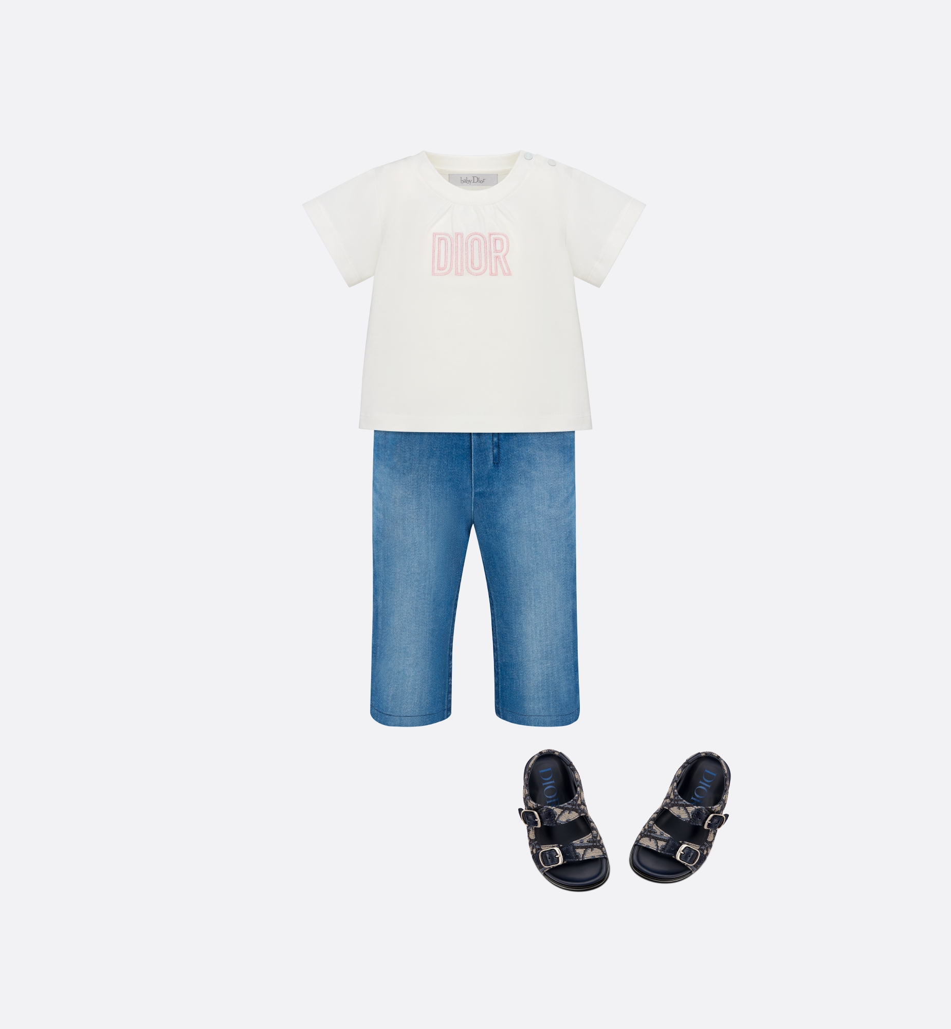 婴幼儿凉鞋 蓝色牛皮革和米色和黑色 Oblique 印花面料 E12