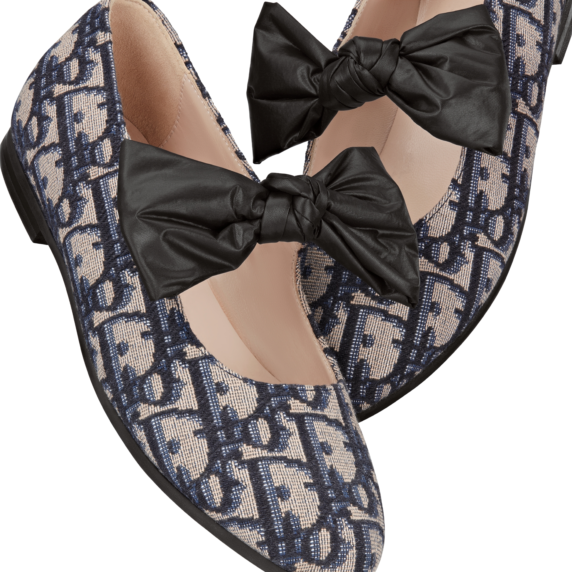 儿童芭蕾鞋 米色和黑色棉质面料 Oblique 印花 E09