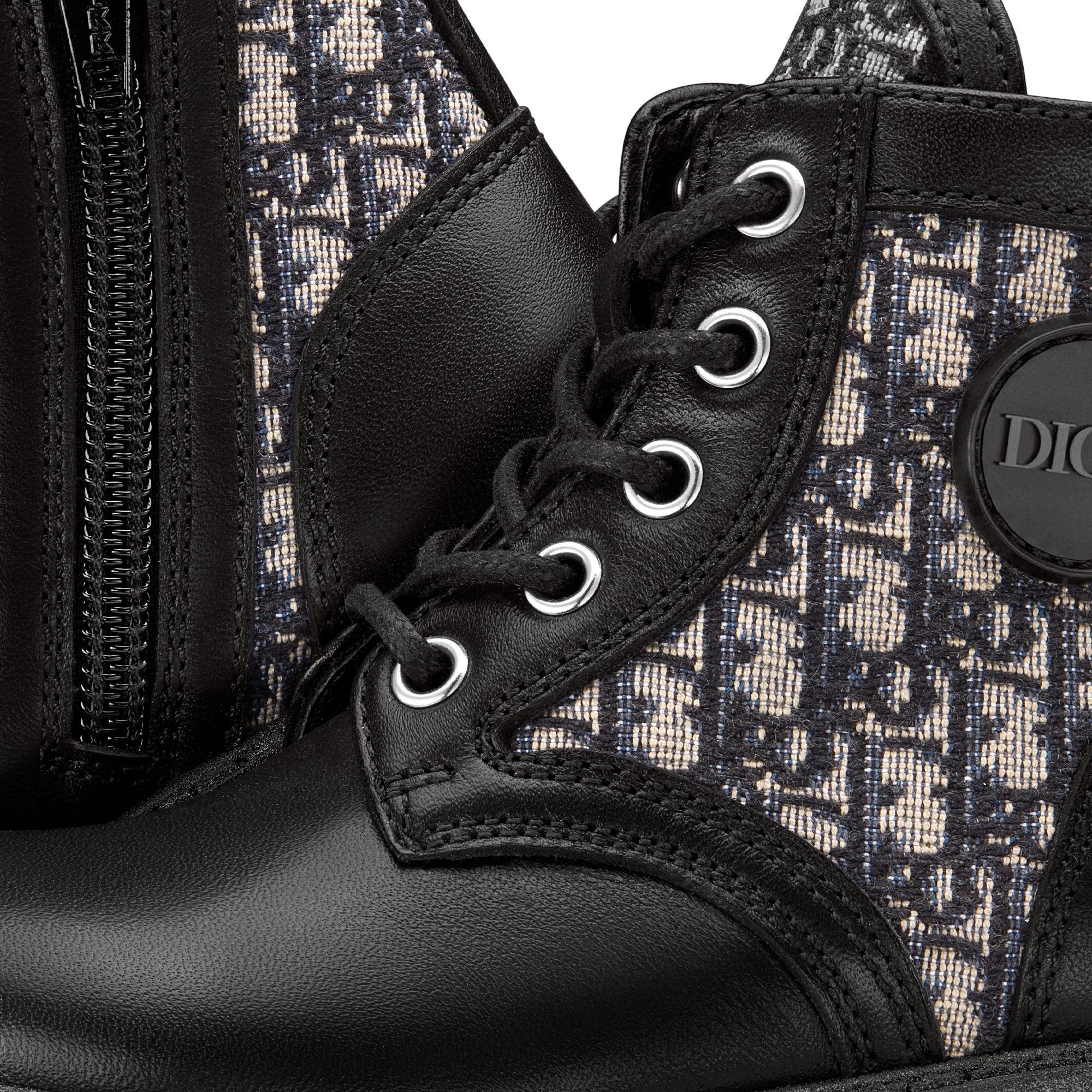 婴幼儿 Dior Explorer 及踝靴 黑色光滑牛皮革搭配米色和黑色 Oblique 印花 E09