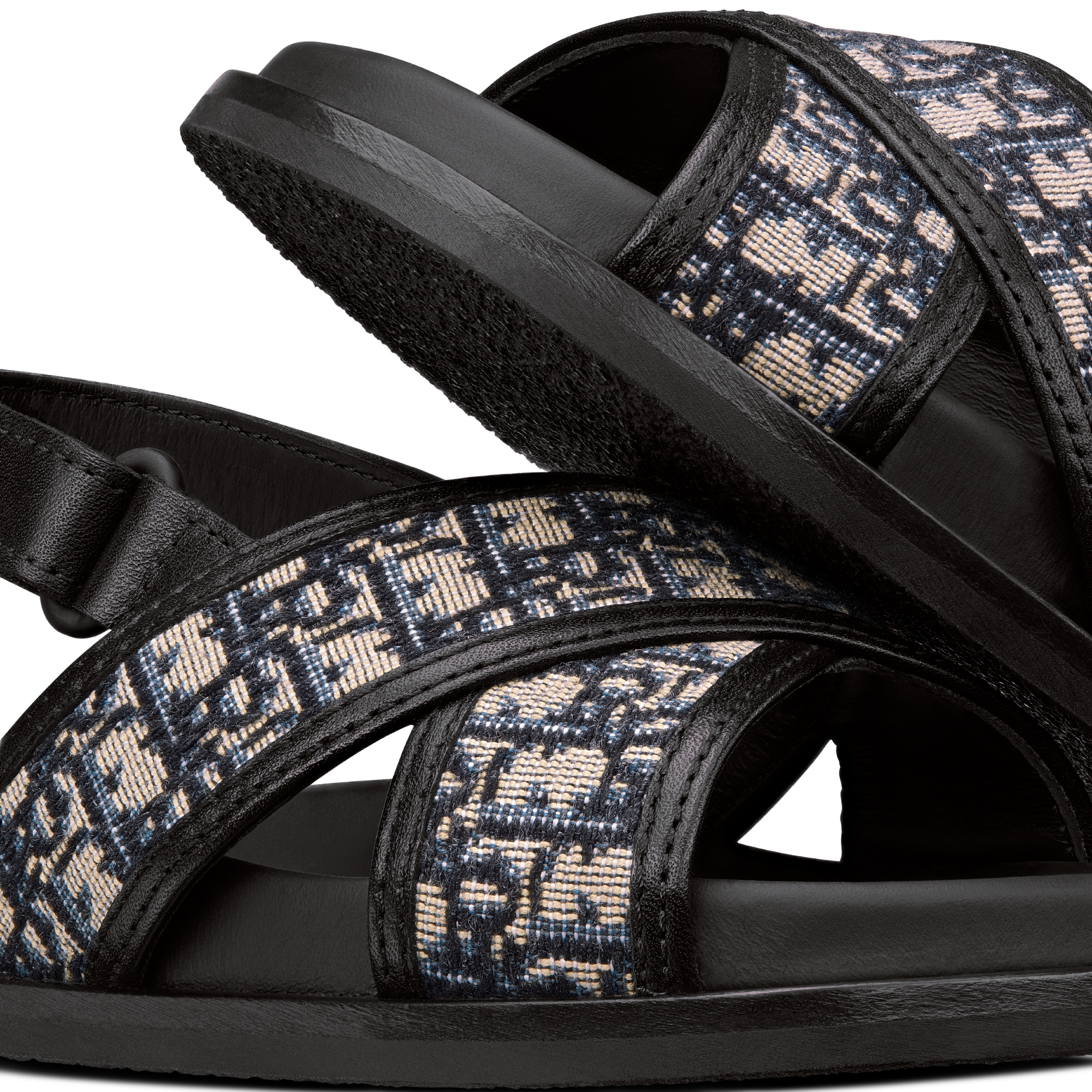 婴幼儿凉鞋 黑色牛皮革和米色和黑色 Oblique 印花面料 E09