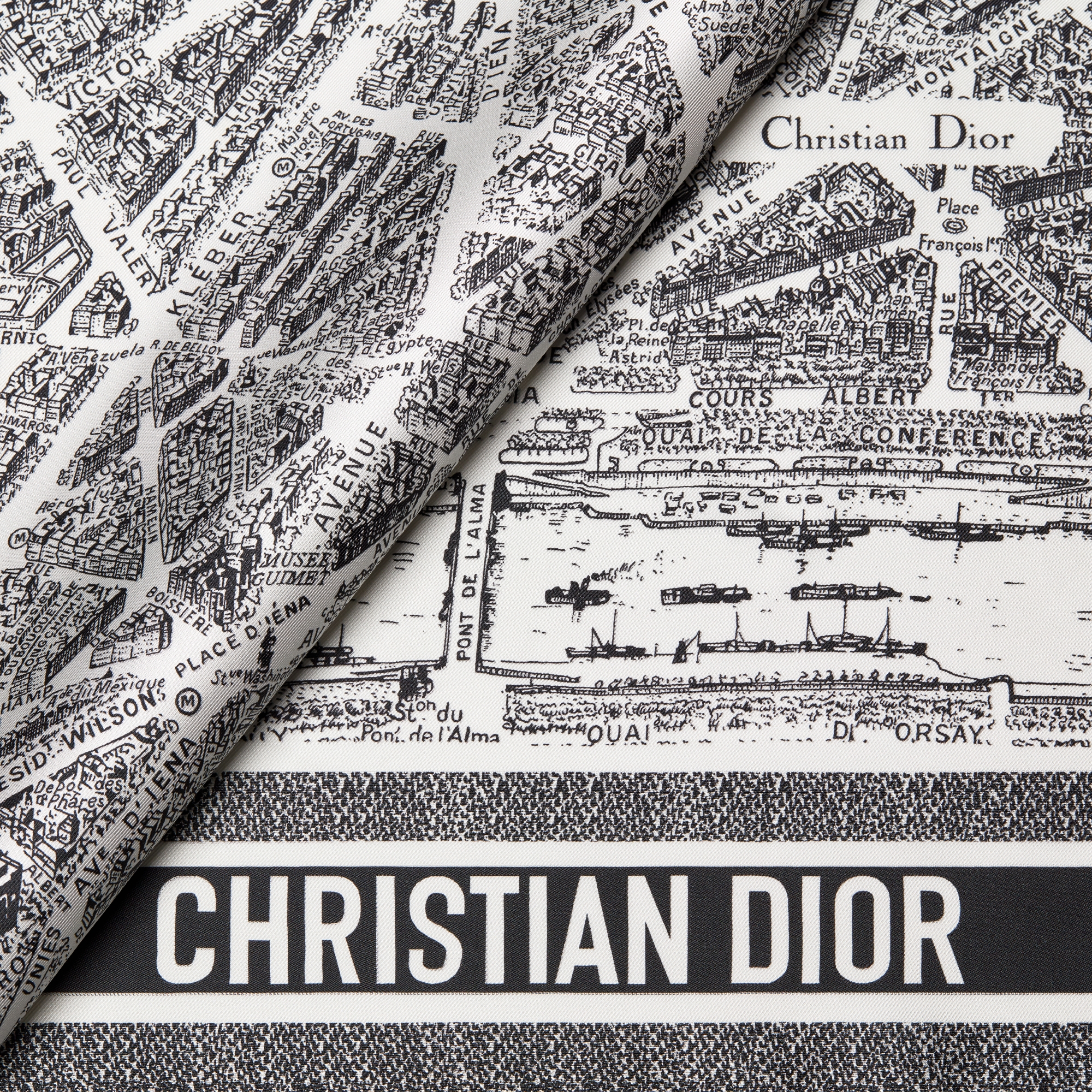 Dior 印花方巾 90 厘米白色和黑色桑蚕丝斜纹面料 Plan de Paris 印花 E09