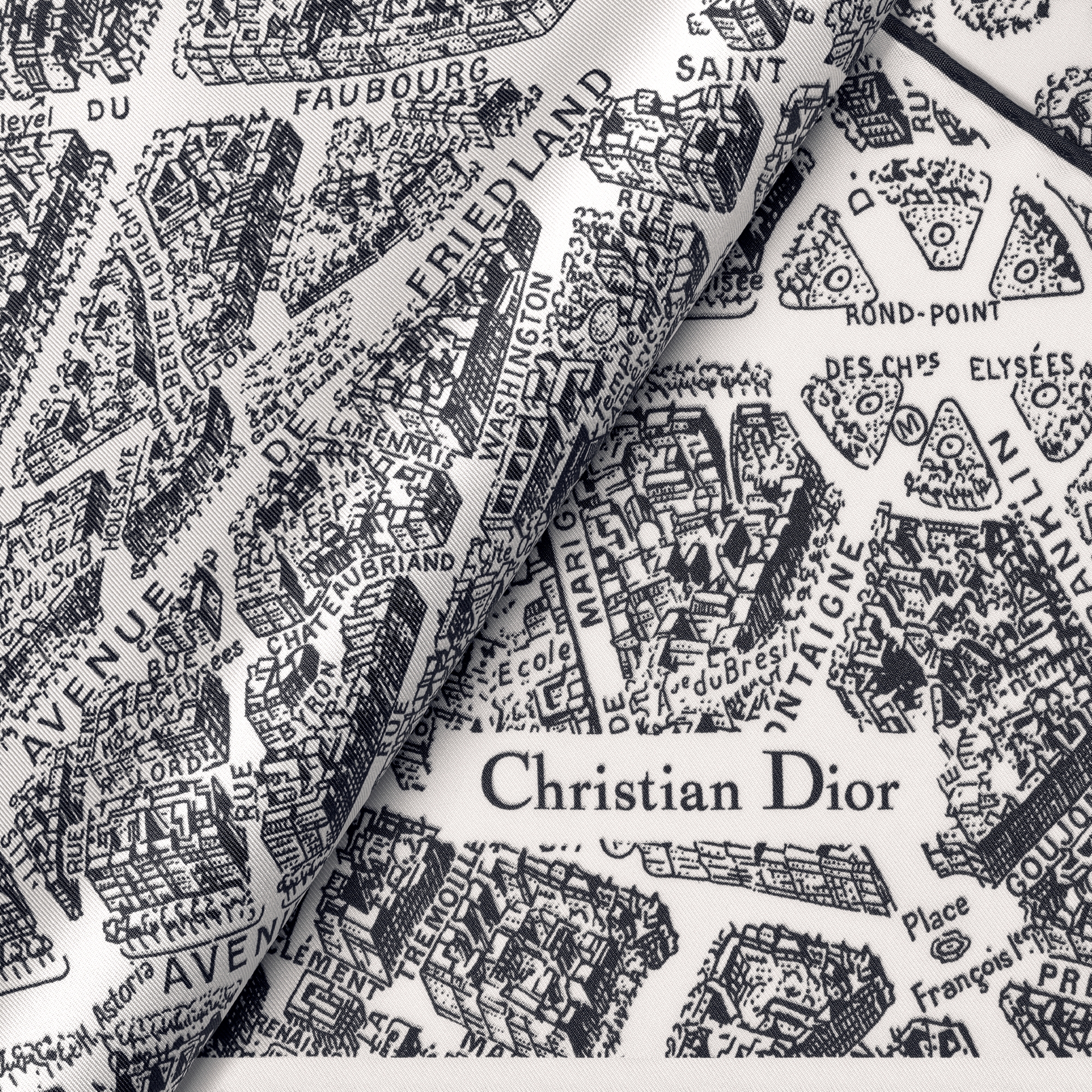 Dior Diamond 丝巾 白色和黑色桑蚕丝斜纹面料 Plan de Paris 印花 E09