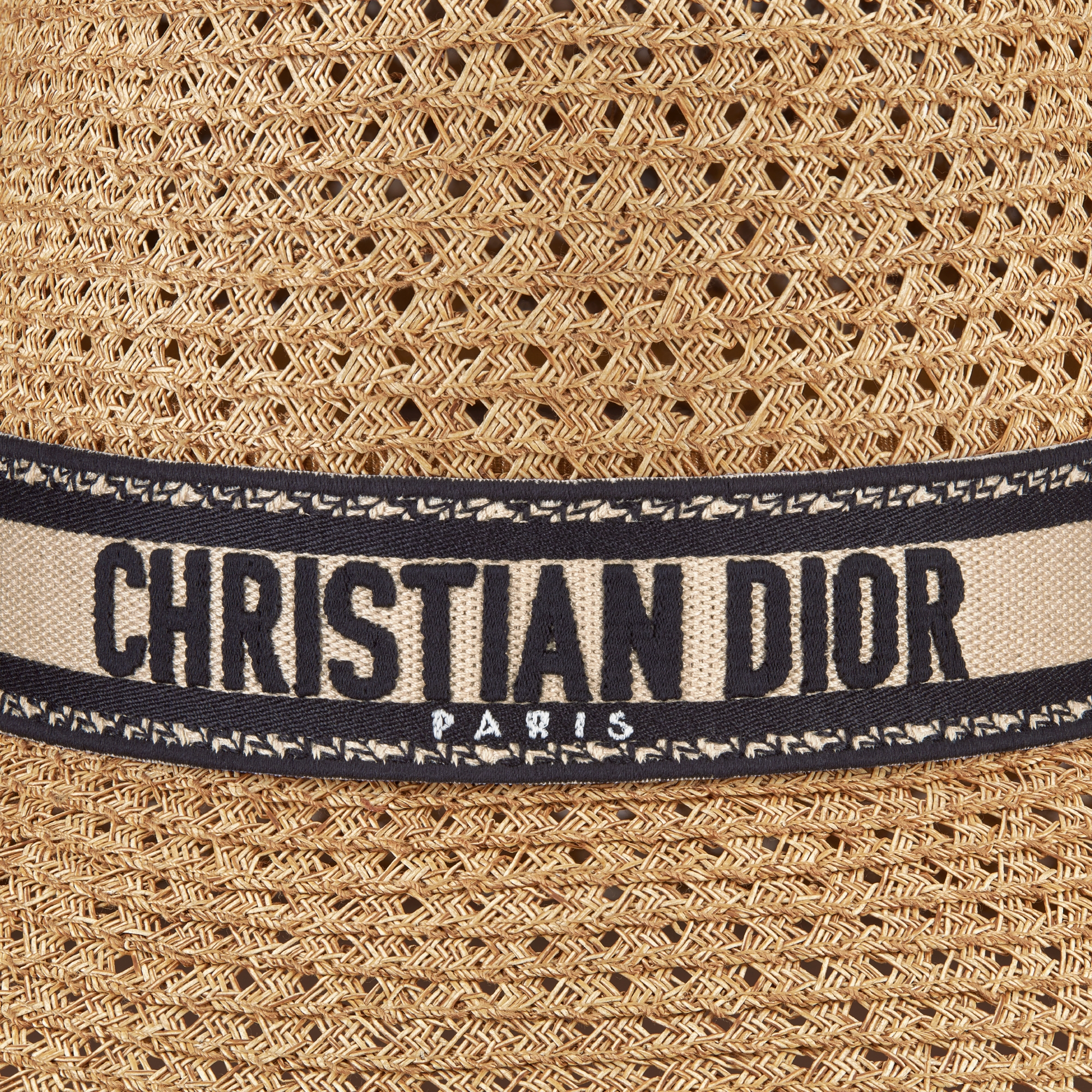 D-Bobby 宽檐帽 纸编和米色与黑色刺绣条形图案 E09