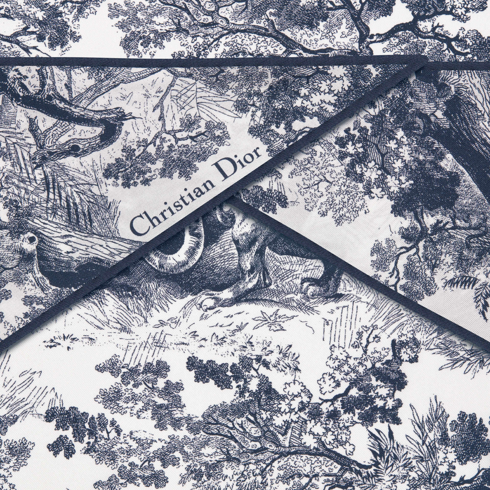 Dior Diamond 丝巾 象牙色和海军蓝色桑蚕丝斜纹面料 Sauvage 茹伊印花 E09