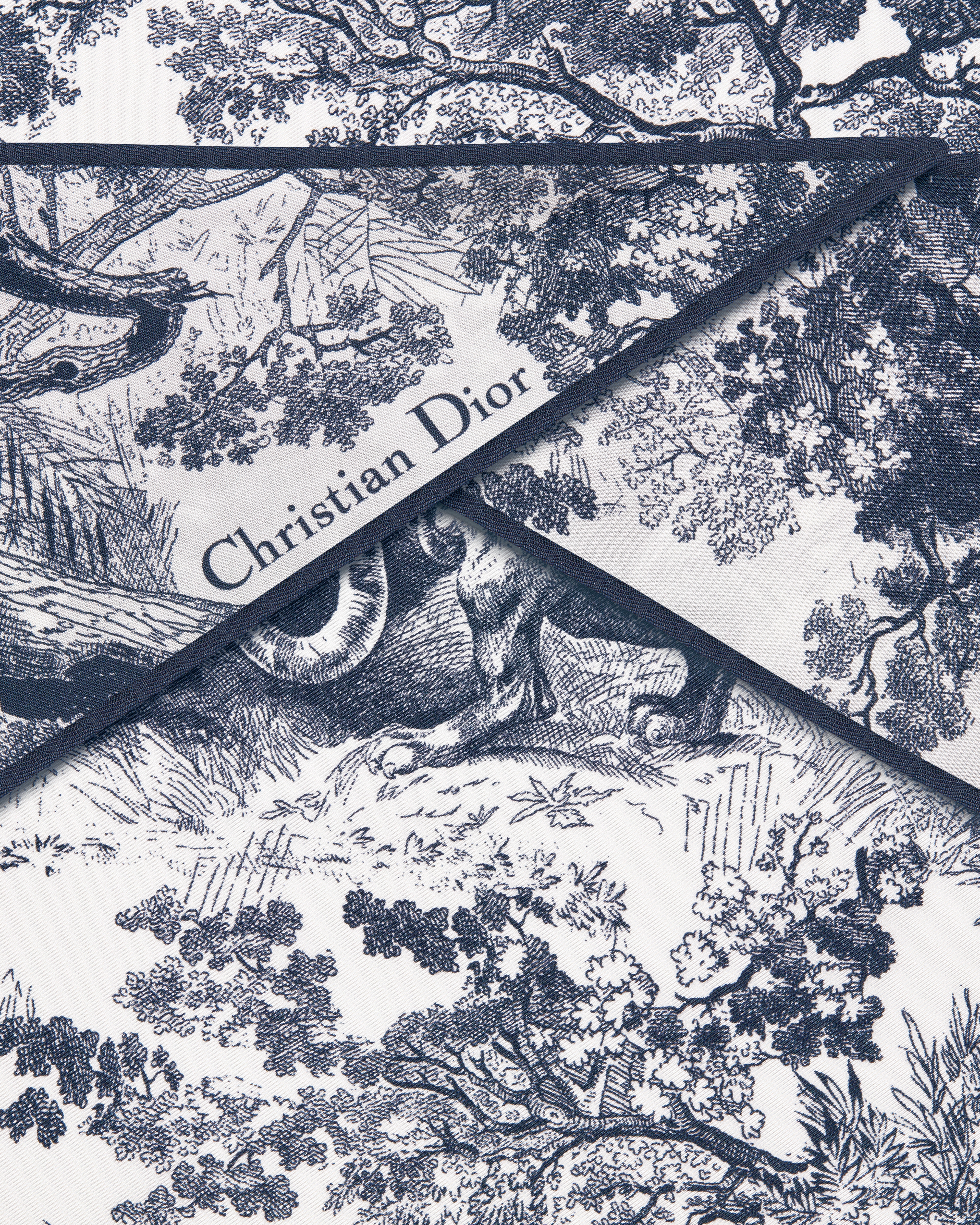 Dior Diamond 丝巾 象牙色和海军蓝色桑蚕丝斜纹面料 Sauvage 茹伊印花 E09