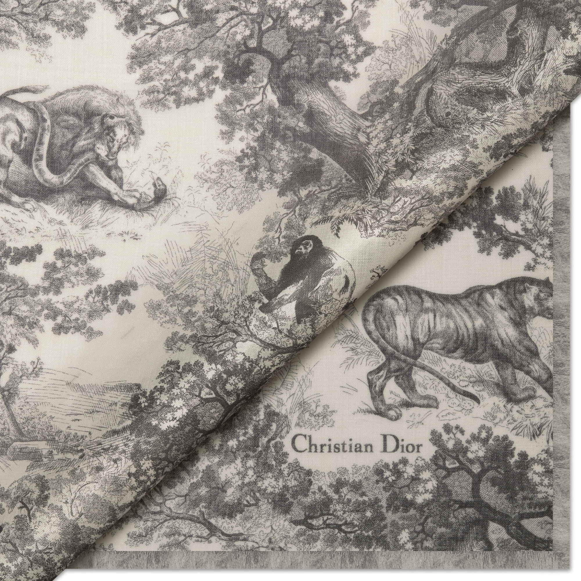 Dior 印花披肩 象牙色和灰色山羊绒面料 Sauvage 茹伊印花图案 E09