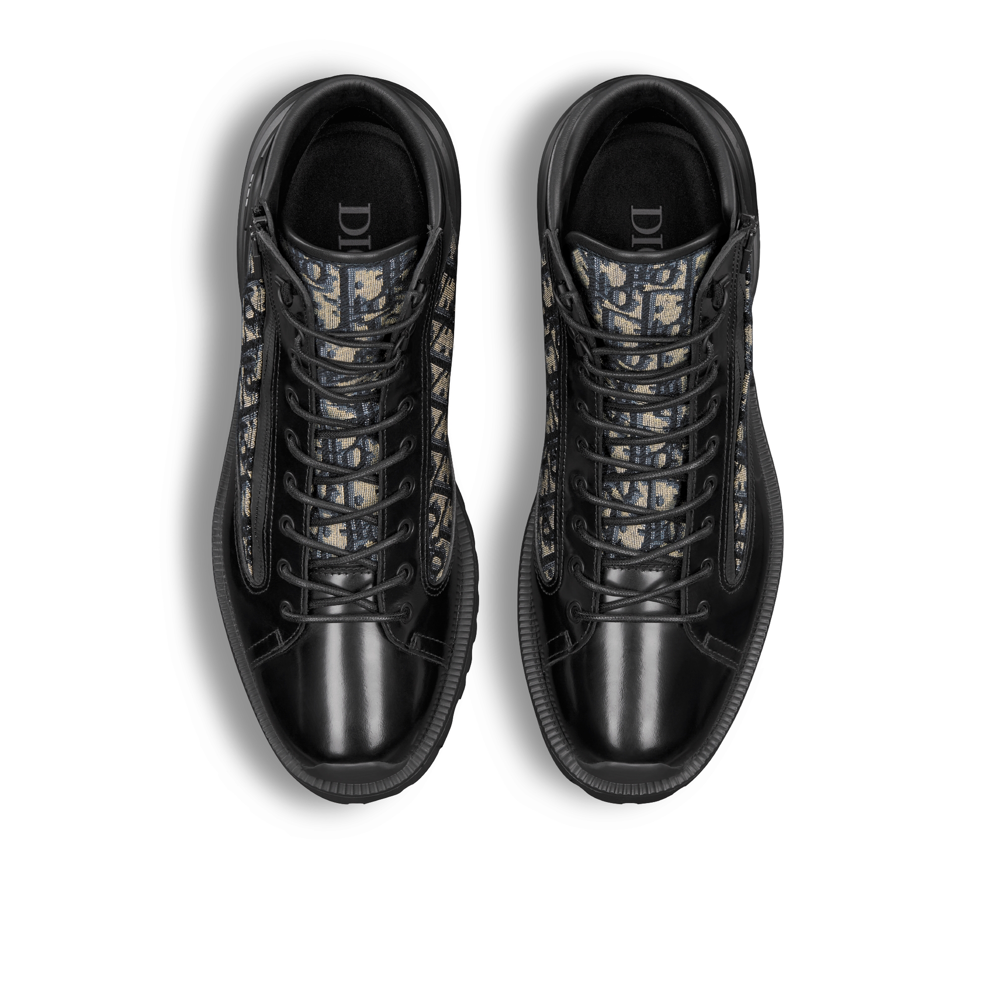 Dior Combat 及踝靴 黑色抛光牛皮革搭配米色和黑色 Oblique 印花面料 E06