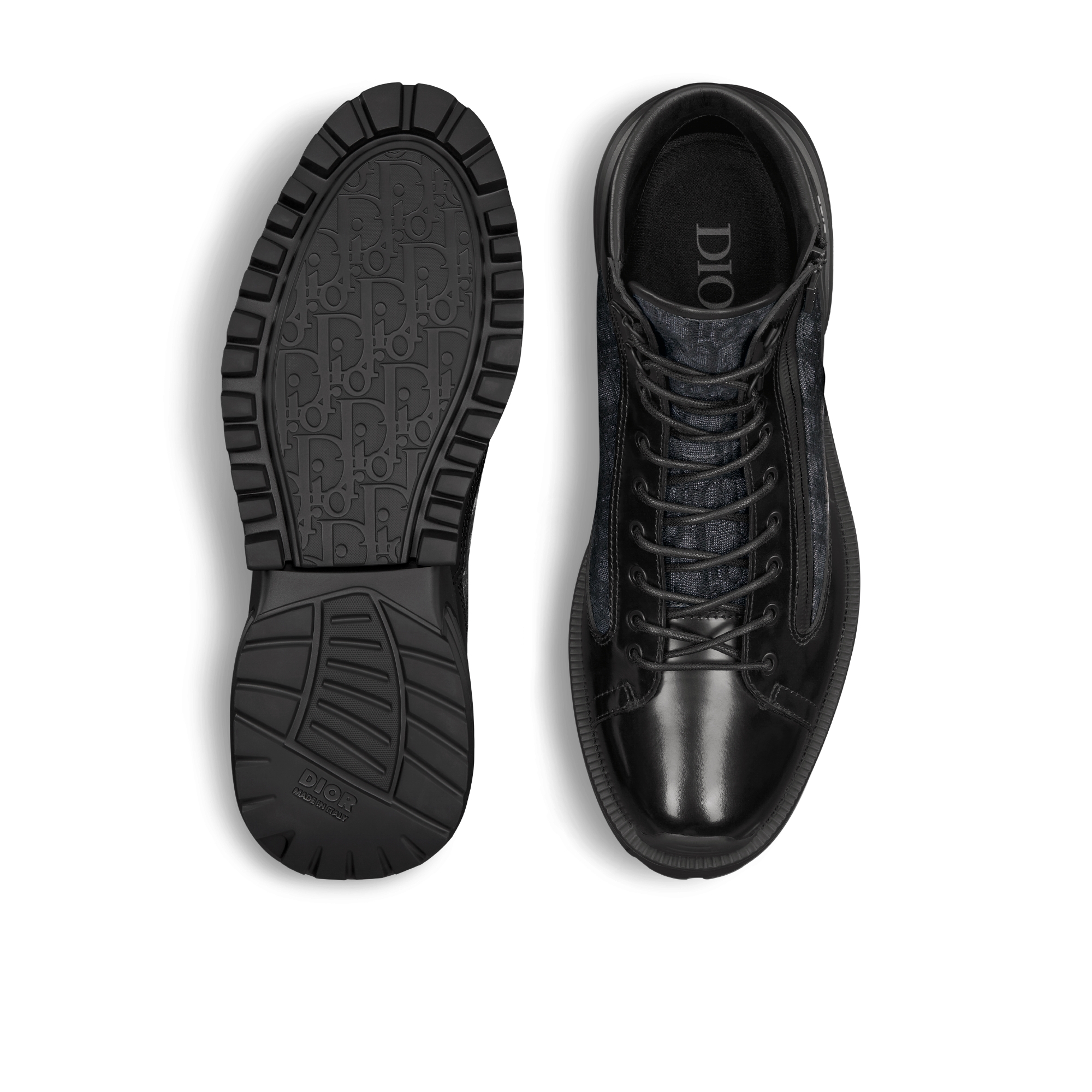 Dior Combat 及踝靴 黑色抛光牛皮革和黑色 Oblique 印花面料 E10